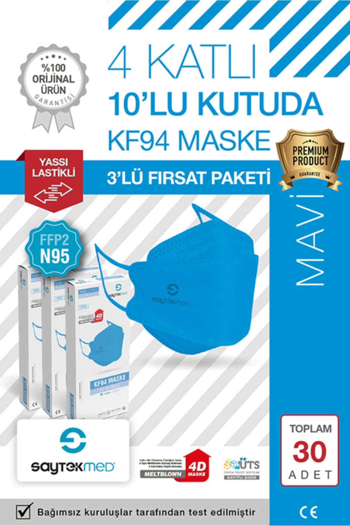 SAYTEKMED N95/FFP2 Kore Tipi, 4 katlı, MAVİ Maske, Tekli Paket, UV Steril (3 Kutu/30 Adet)