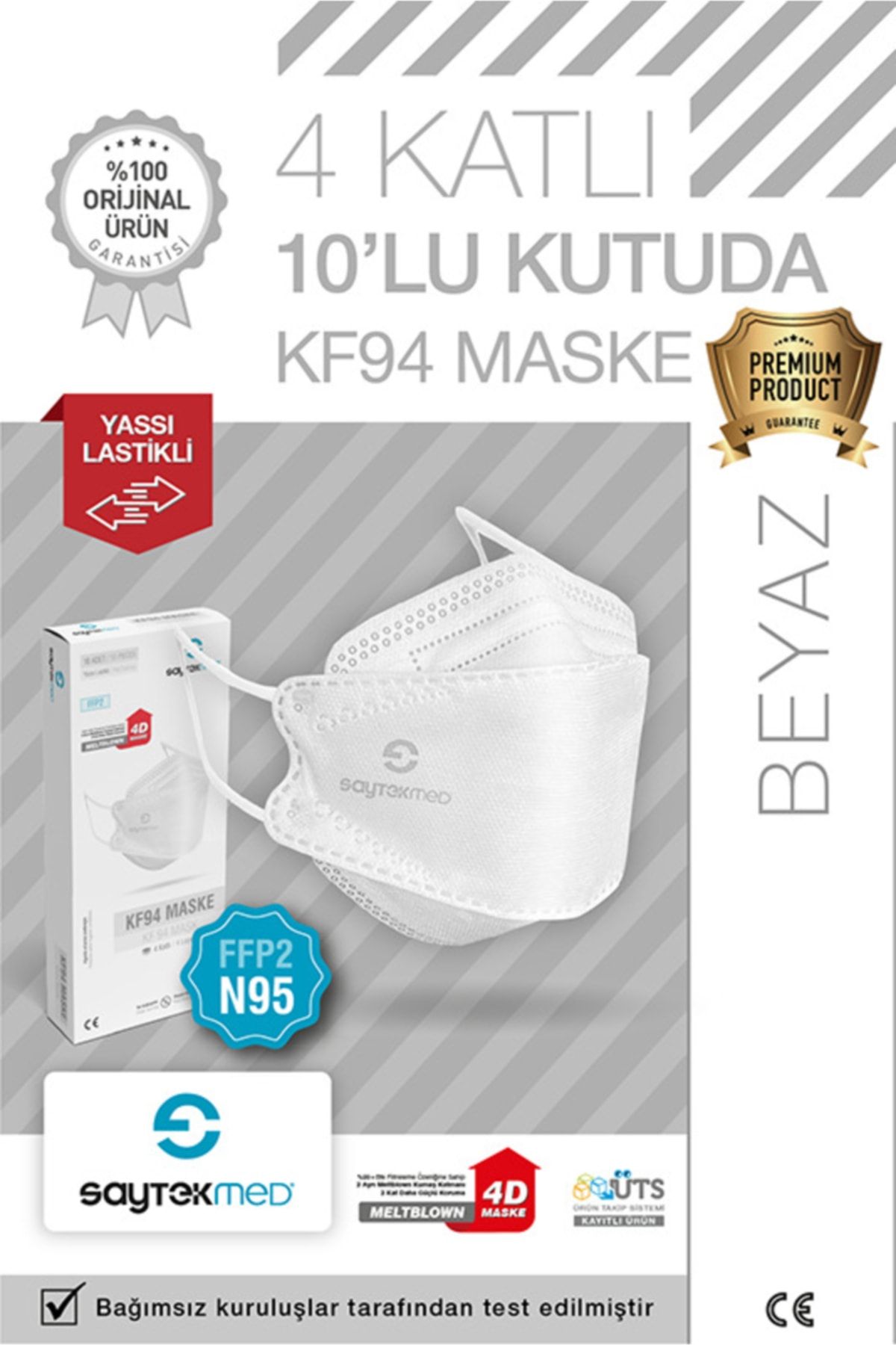SAYTEKMED N95/ffp2 Kore Tipi 4 Katlı Beyaz Maske Tekli Poşet, Uv Steril (10 ADET/1 KUTU)