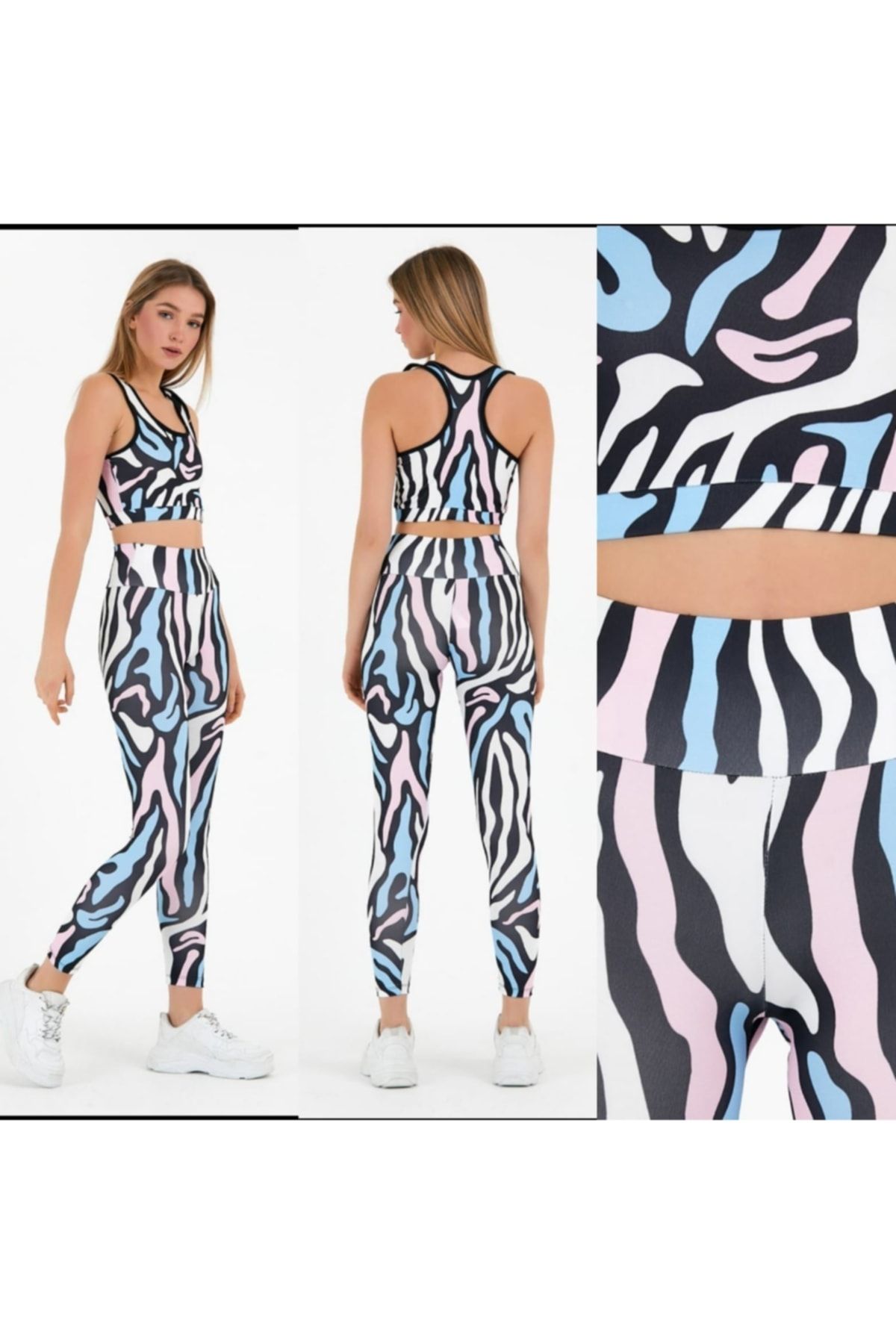 Lolliboomkids Kadın Giyim Sportif Tayt Takım Dijital Renkli Zebra Desen Baskılı Tayt Crop Büstiyer Sütyenli Takım
