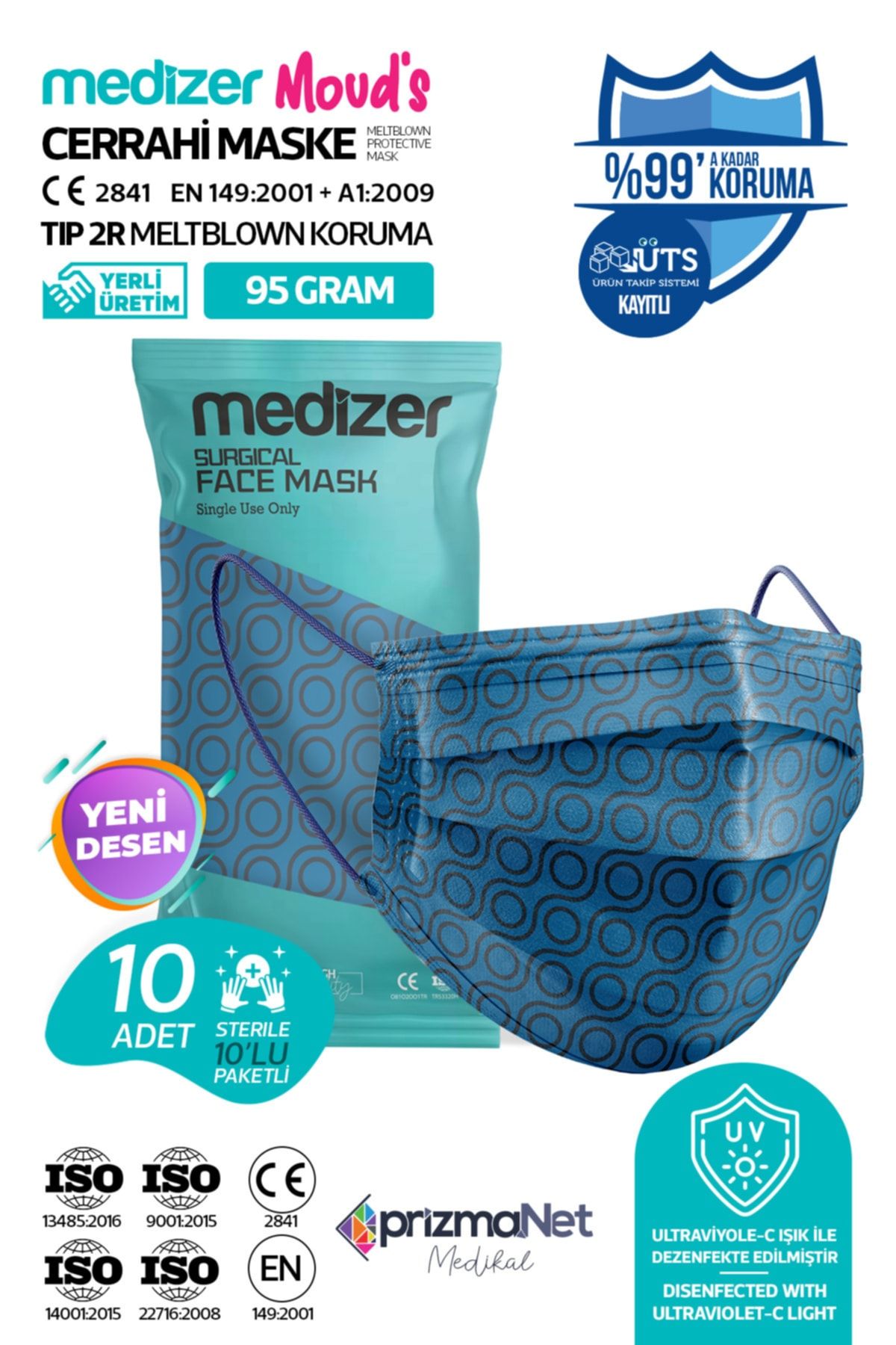 Medizer Meltblown Lacivert Daire Desenli Cerrahi Maske - 10'lu 1 Paket