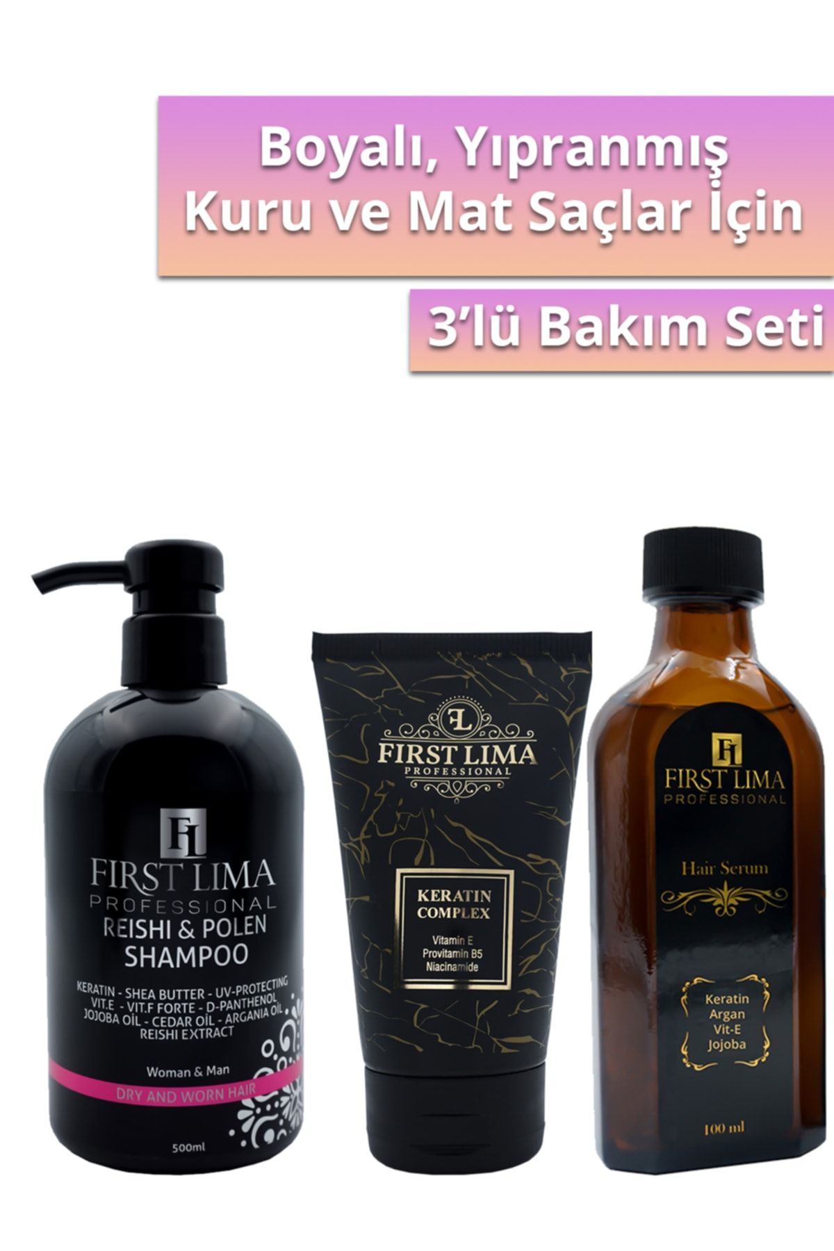 First Lima Professional Yıpranmış Saçlar Için Keratin Bakım Seti: Reishi & Polen Şampuan - Keratin Complex - Hair Serum