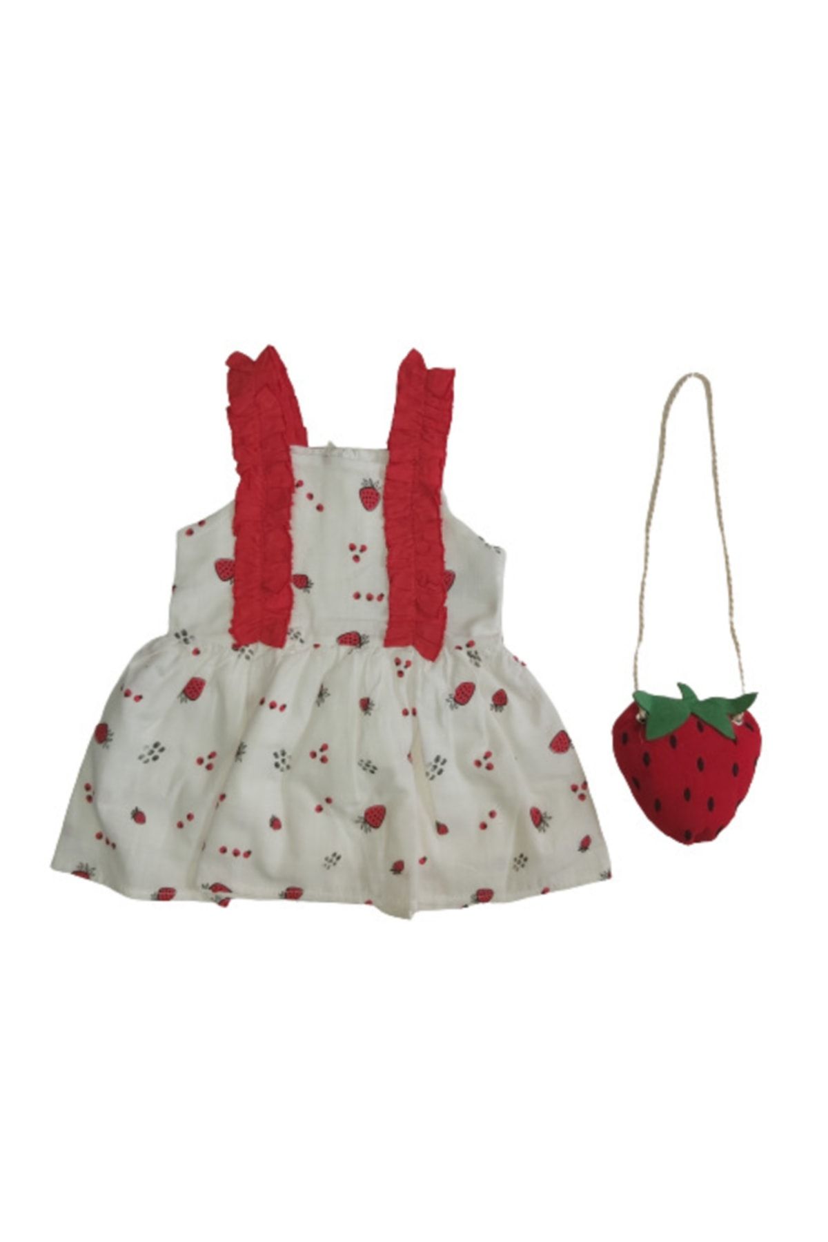 Tunngoo Çilek Kız Bebek Askılı Çanta Hediyeli Yazlık Keten Elbise 9-12-18-24 Ay L55121