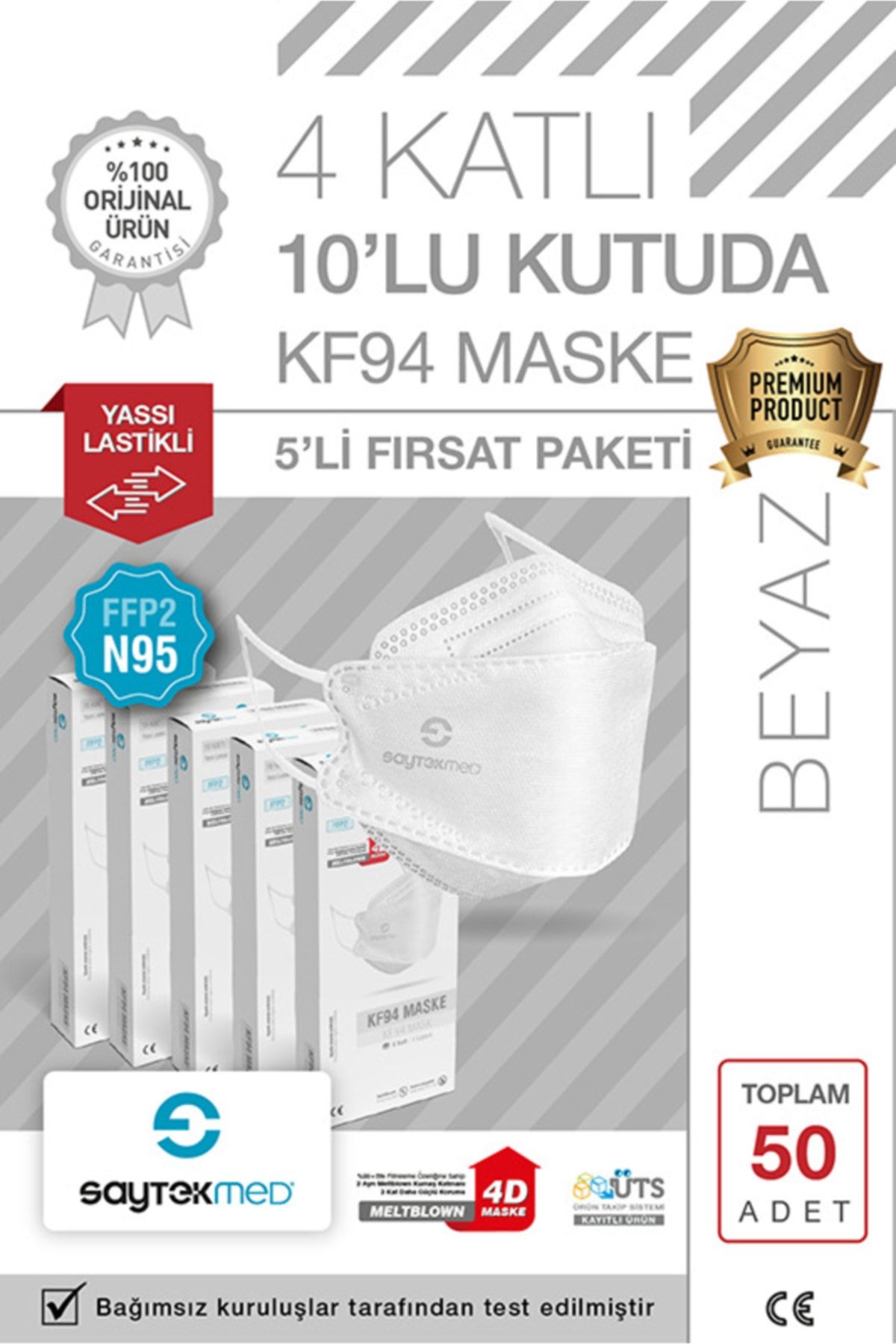 SAYTEKMED N95/FFP2 Kore Tipi, 4 katlı, BEYAZ Maske, Tekli Paket, UV Steril (5 Kutu/ 50 Adet)