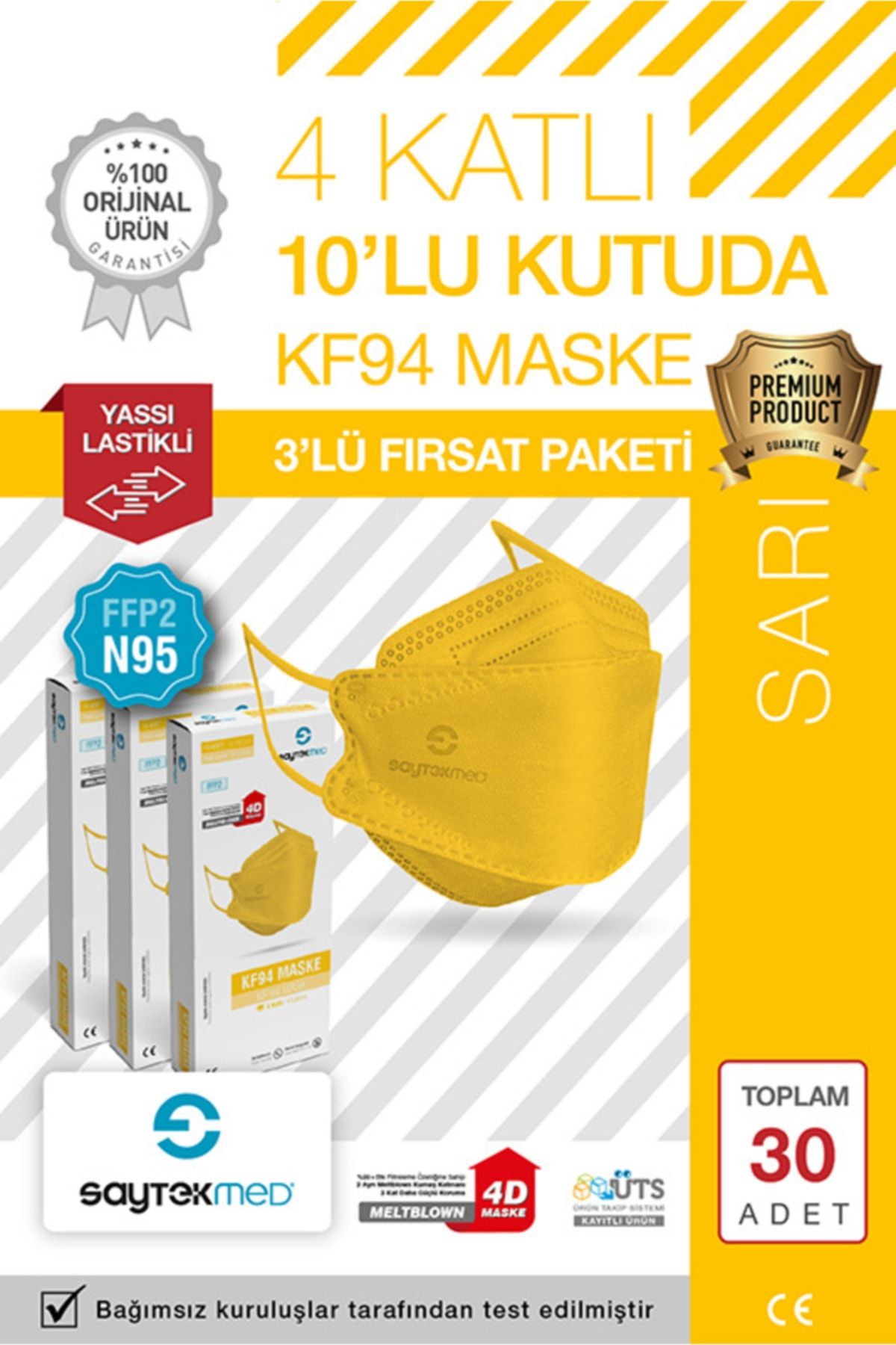 SAYTEKMED N95/FFP2 Kore Tipi, 4 katlı, SARI Maske, Tekli Paket, UV Steril (3 Kutu / 30 Adet)