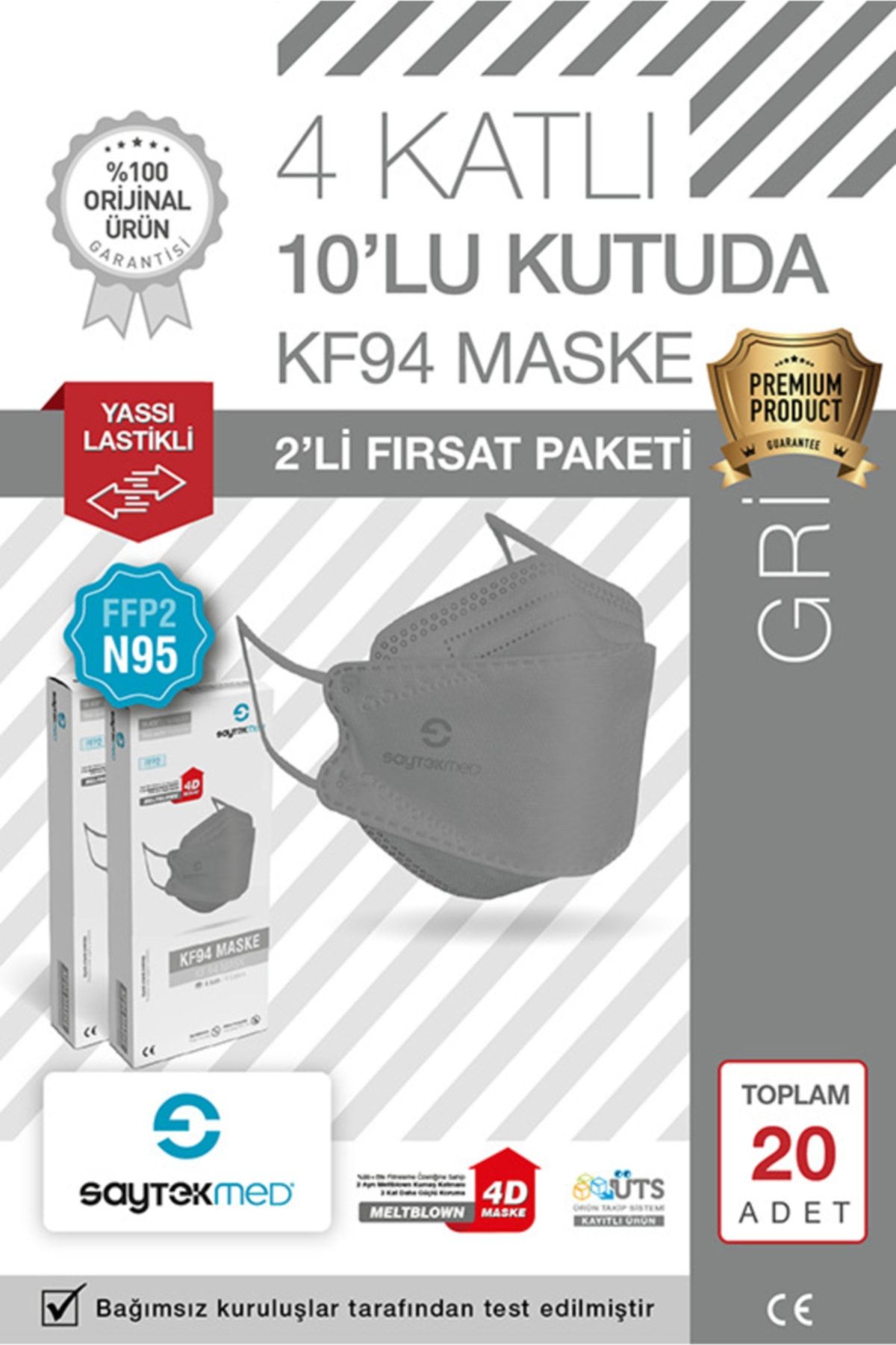 SAYTEKMED N95/FFP2 Kore Tipi, 4 katlı, GRİ Maske, Tekli Paket, UV Steril (2 Kutu/ 20 Adet)