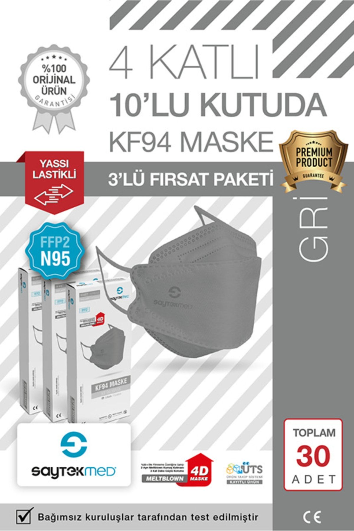 SAYTEKMED N95/FFP2 Kore Tipi, 4 katlı, GRİ Maske, Tekli Paket, UV Steril (3 Kutu / 30 Adet)