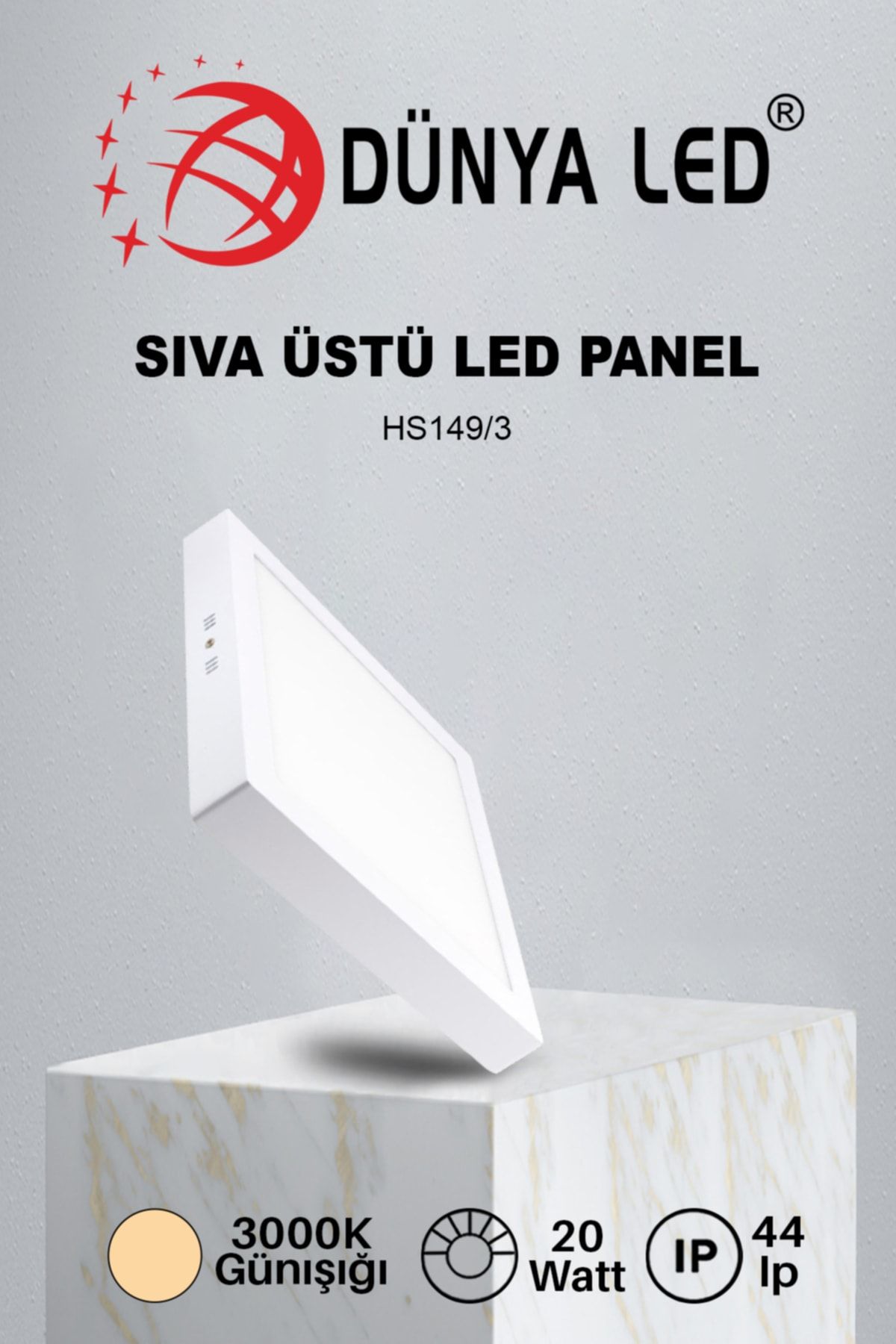 DÜNYA LED Hs.149/3 20w Sıva Üstü Kare Led Panel 3000k Günışığı Drıver Hediye