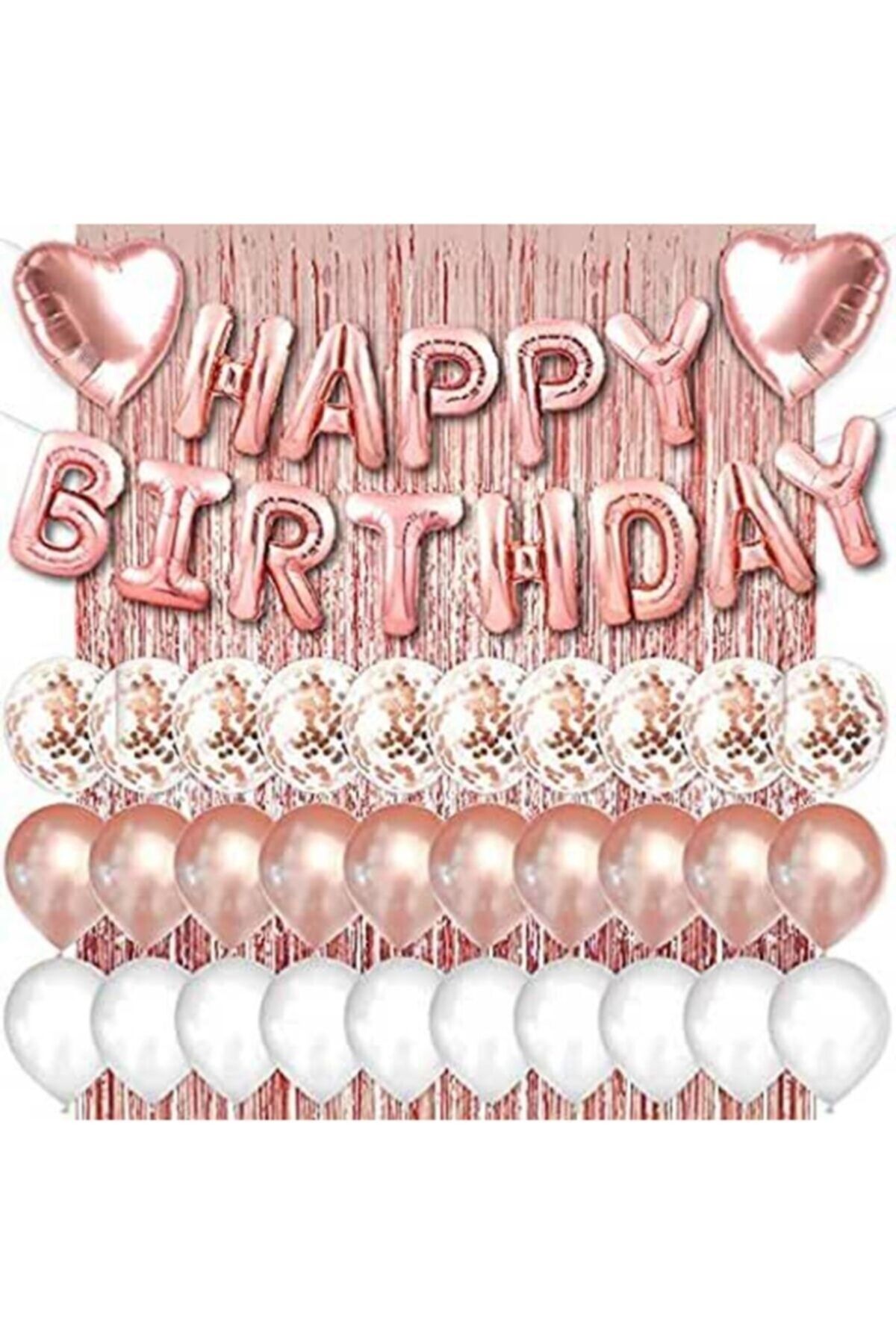 Parti Dolabı Rose Gold Pembe Happy Birthday Ve Kalp Folyo Ve 30 Rose Beyaz Şeffaf Balonlu Arka Fon Perde Set
