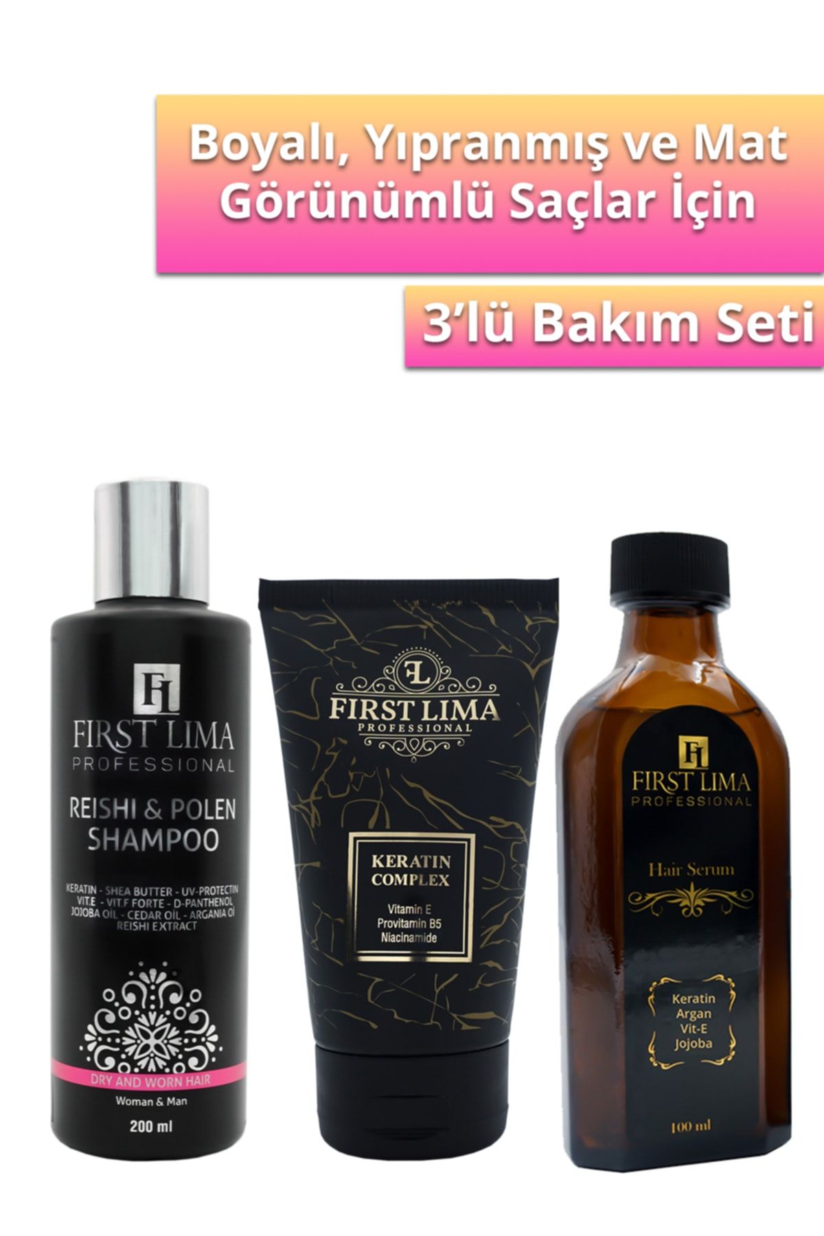 First Lima Professional Yıpranmış Karşırı Reishi & Polen Şampuan -anında Onarıcı Keratin Krem - Işıltı Veren Serum