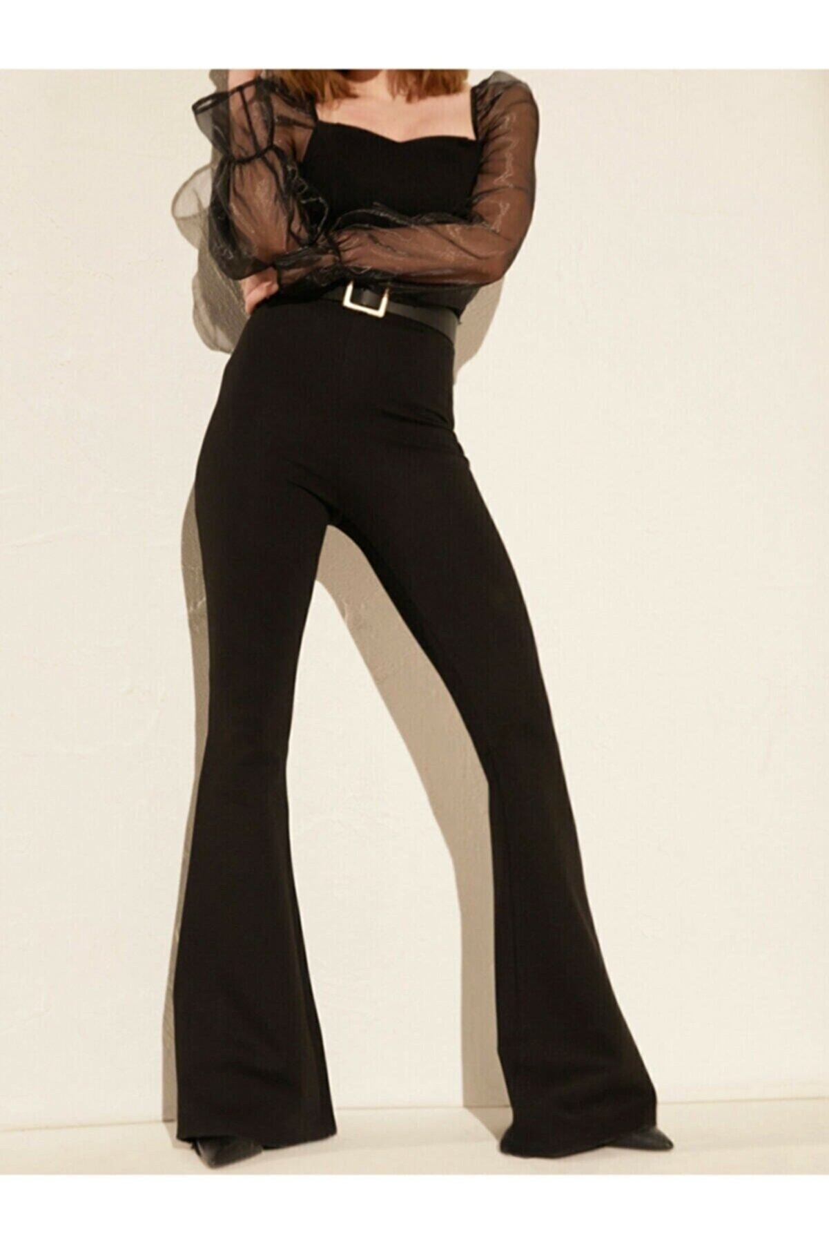 Butik Şımarık Kadın Siyah Yüksek Bel Ispanyol Paça Çelik Interlok Tayt Pantolon