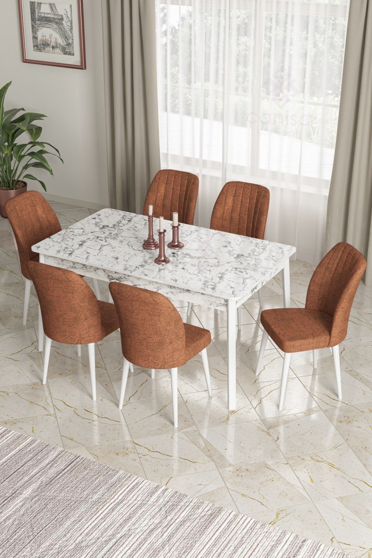Canisa Concept Ada Serisi 80x130 Sabit, Mutfak Masası Takımı Beyaz Mermer Masa+6 Sandalye