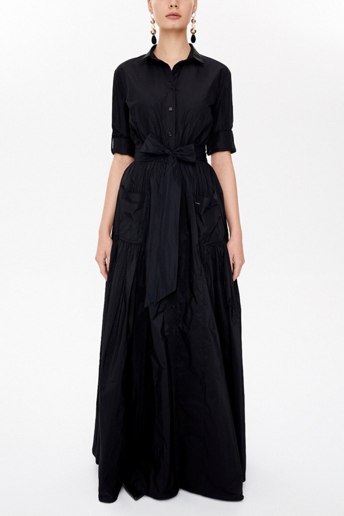 SOCIETA Kadın Siyah Büzgü Detaylı Uzun Gömlek Elbise 93131