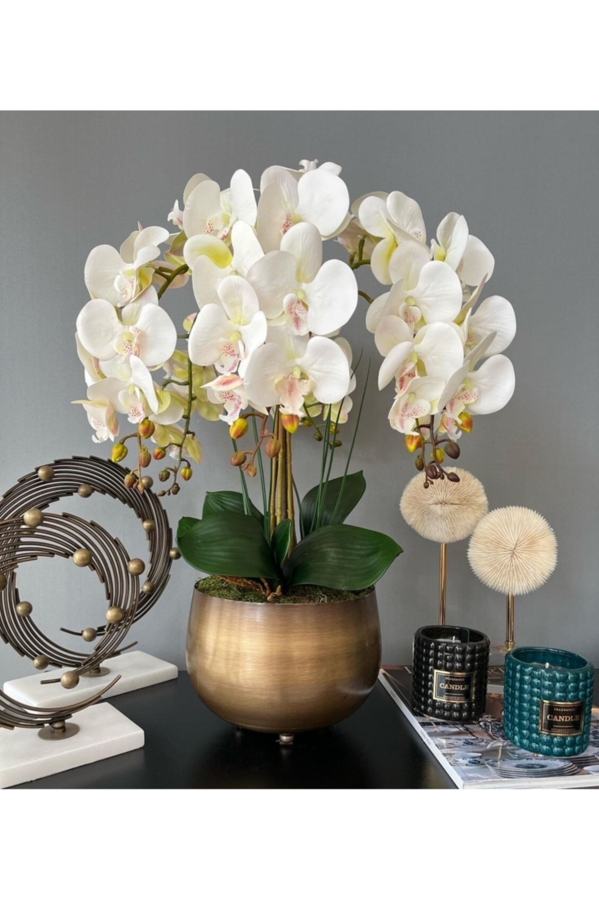 LİLOTEHOME Yapay Islak Orkide Aranjman 5 Dal Beyaz Eskitme Japon Model Saksı