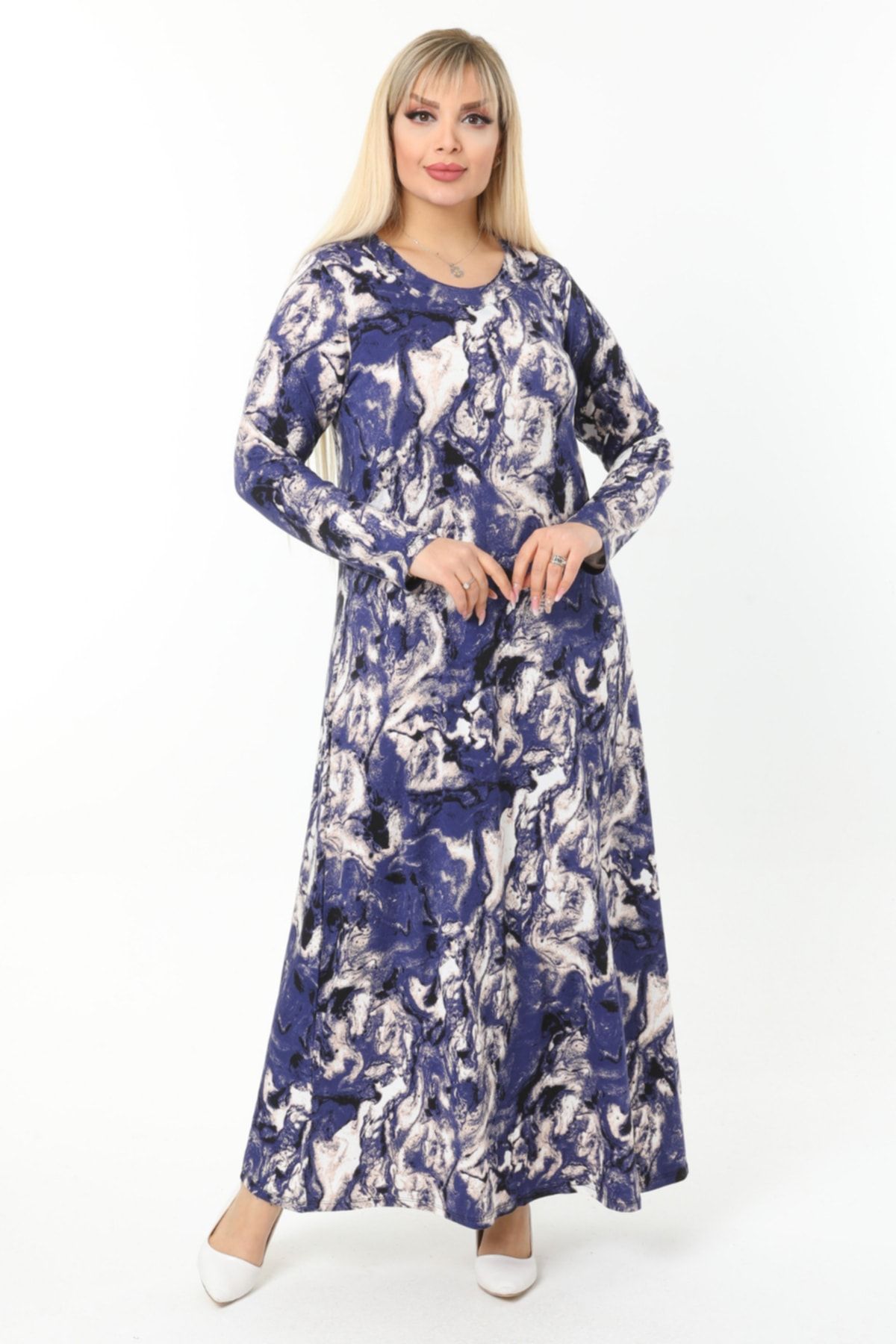 HERAXL Kadın Mavi Batik Desen Yakası Pervazlı Büyük Beden Viskon Uzun Elbise
