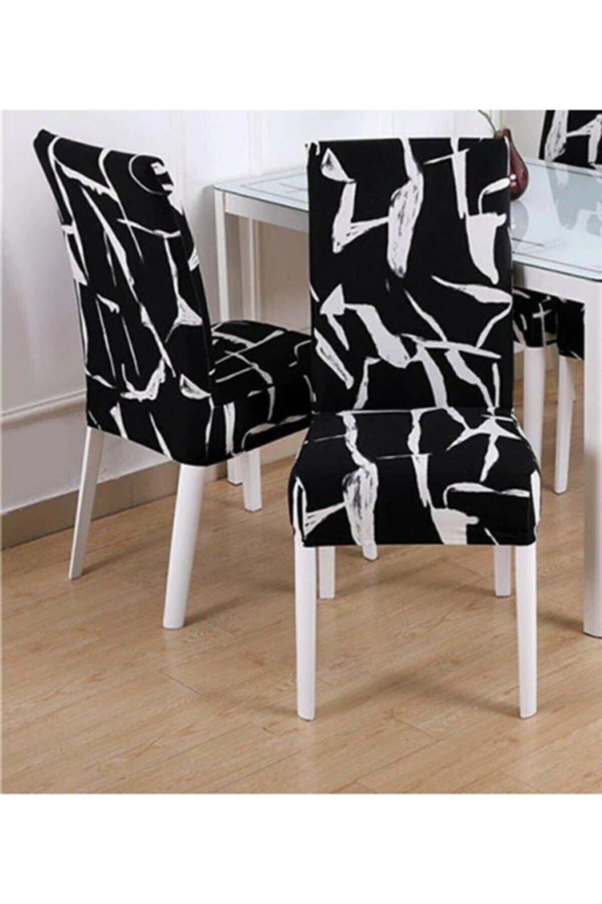 elgeyar Desenli Kadife Sandalye Kılıfı,likrali,lastikli,standart Siyah-beyaz Desen