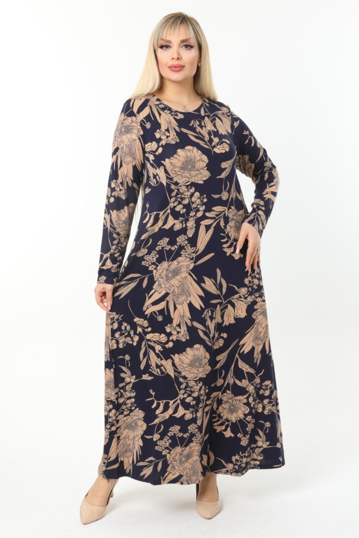 HERAXL Kadın Lacivert Vizon Yaprak Desenli Yakası Pervazlı Büyük Beden Viskon Uzun Elbise