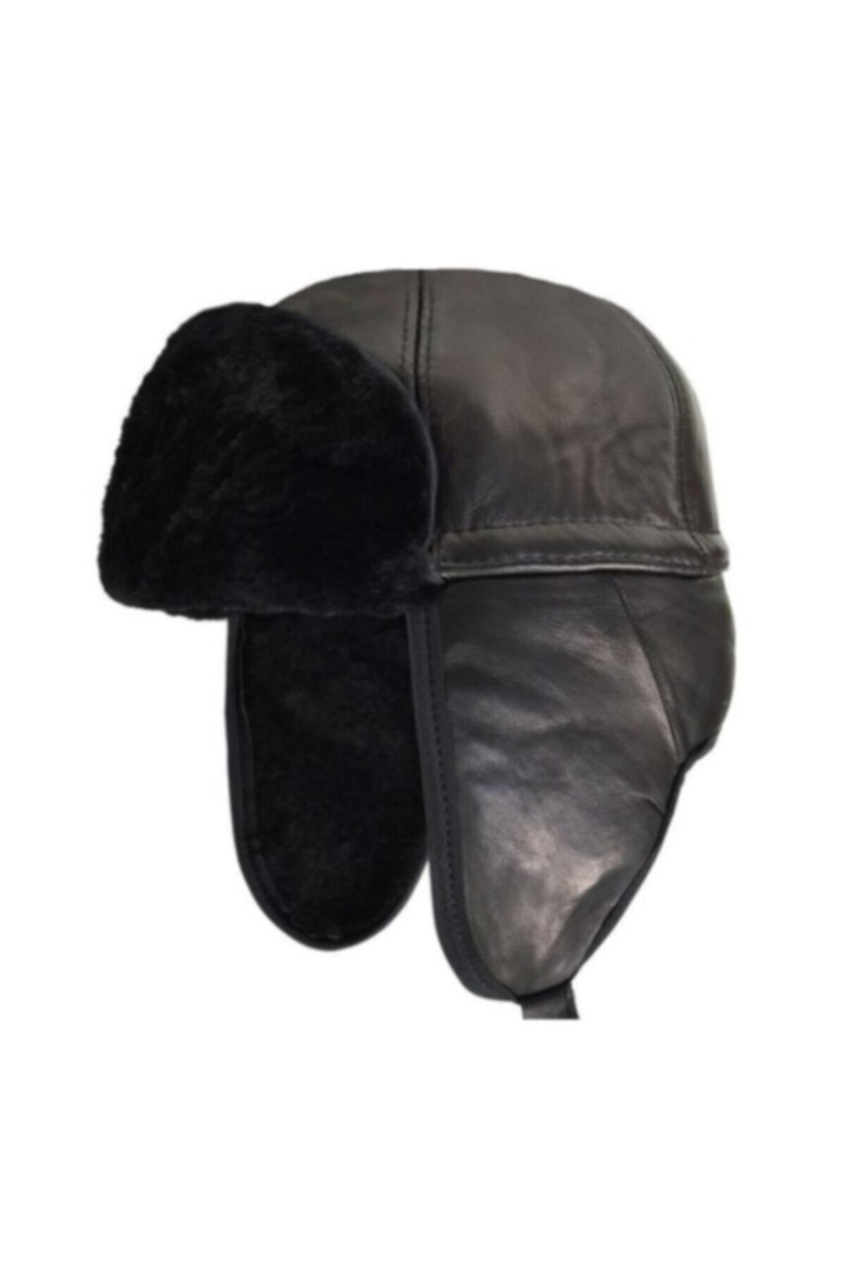 Genel Markalar Unisex Siyah Hakiki Deri Pilot Kulaklıklı Şapka Bere