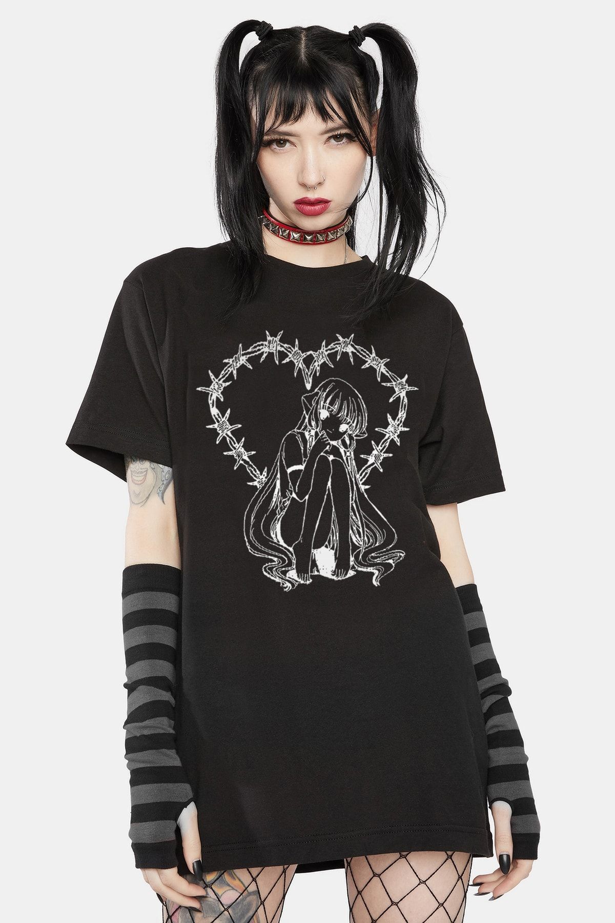 PALEWEAR Beyaz Gotik E-girl Grunge Baskılı Oversize Tişört