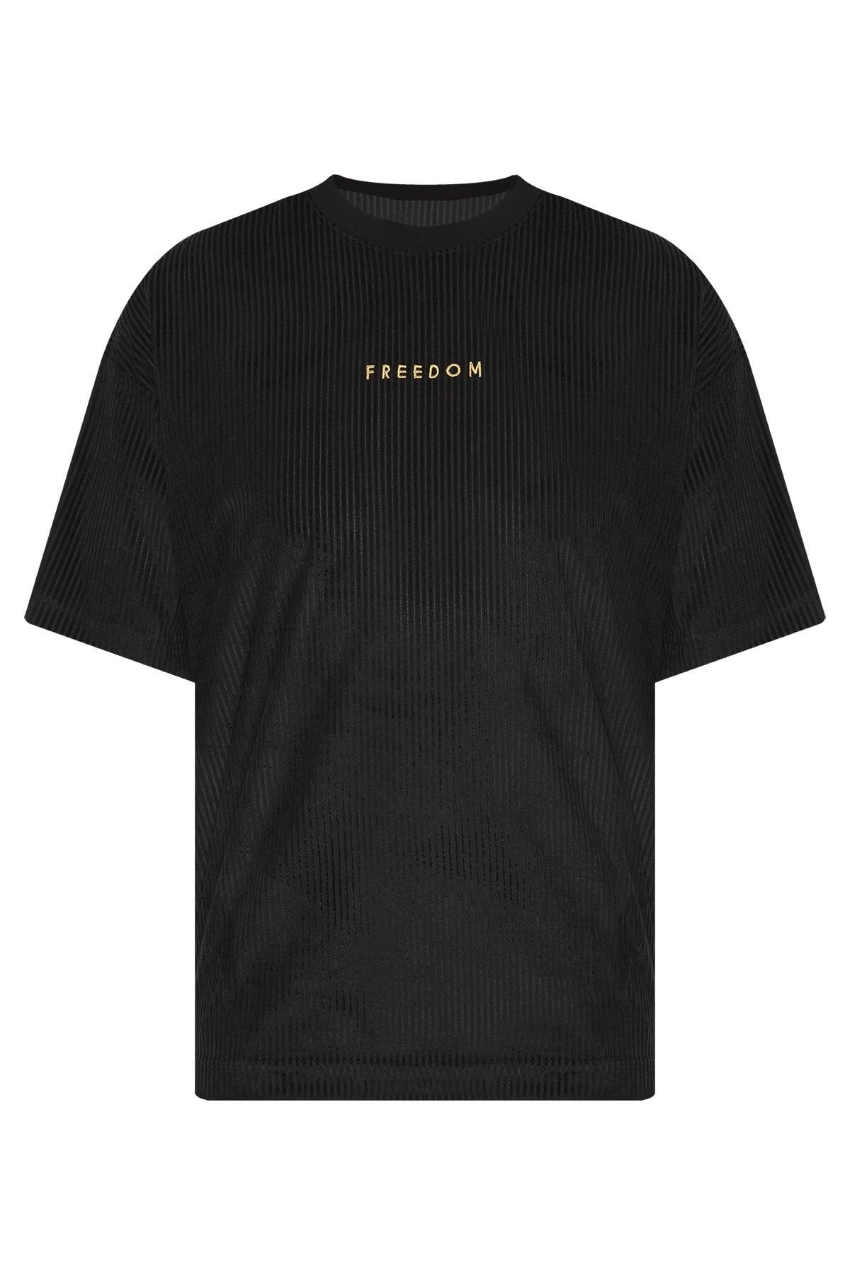 XHAN Siyah Freedom Nakışlı Fitilli Oversize T-shirt 2yxe2-45986-02