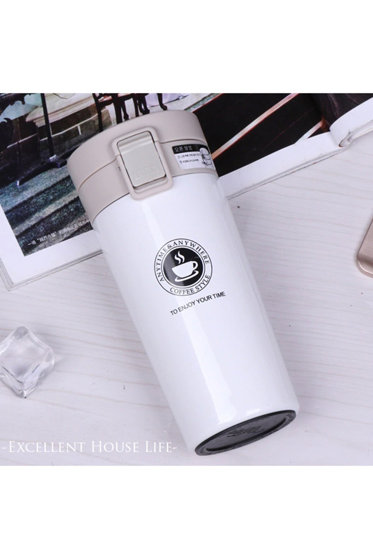Excellent House Life Kilitli Çift Katmanlı Paslanmaz Çelik 380ml Termos Bardak Mug Araç Kahve Çay El Termosu Beyaz+filtre