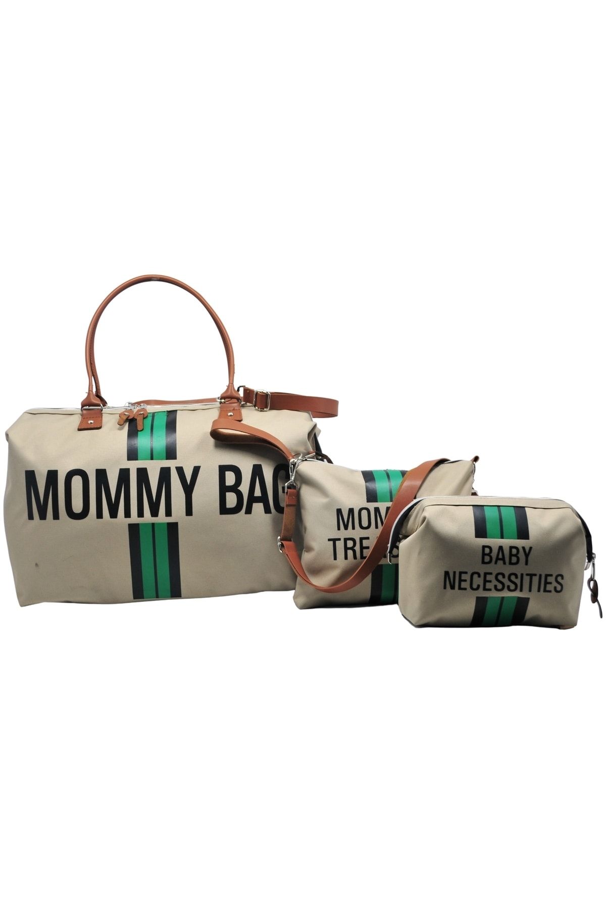 Babysi Mommy Bag Exclusive Tasarım Yeşil Çizgili 3 Lü Set Bej Baby Anne Bebek Bakım Ve Kadın Çantası
