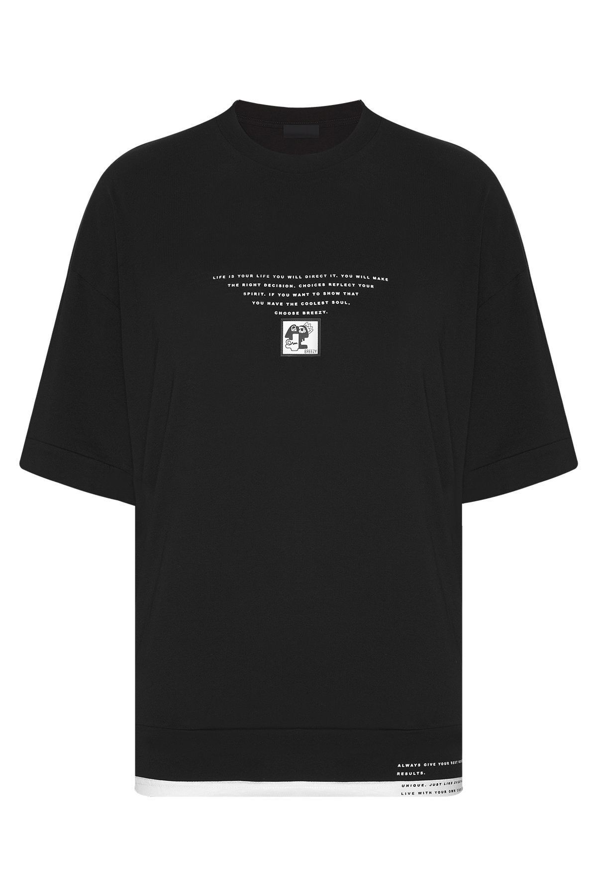 XHAN Siyah Ribana Detaylı Oversize T-shirt 2yxe2-45950-02