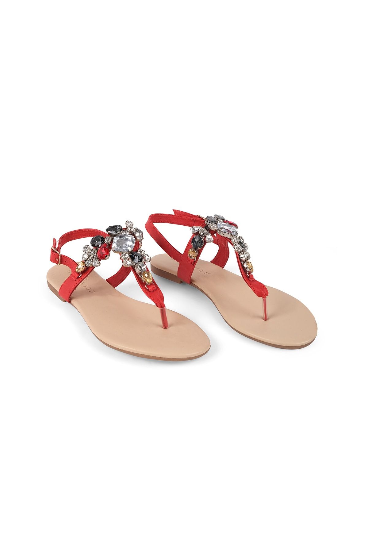 Oblavion Lavion Yeni Sezon Hakiki Deri Kırmızı Nude Çok Renkli Günlük Taşlı Kadın Sandalet