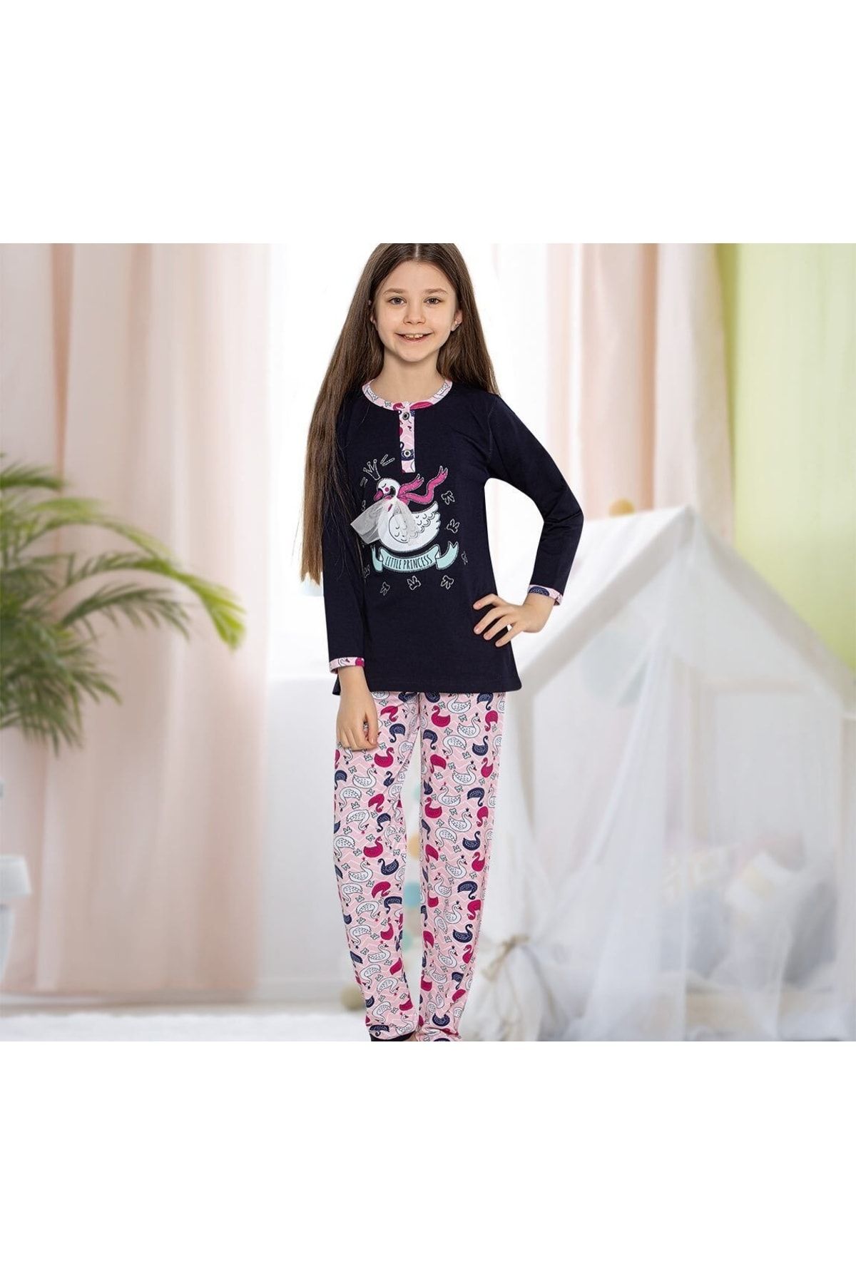 Tarık Kuğulu Kız Çocuk Penye Pijama Takımı