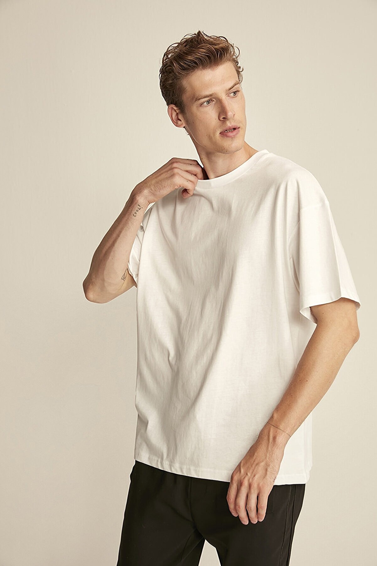 GRIMELANGE Jett Beyaz Erkek Basic Oversize T-shirt