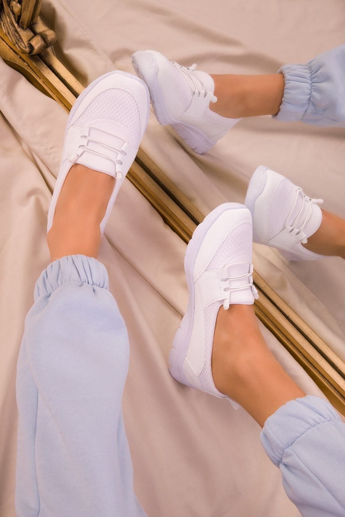 expres moda Kadın Beyaz Rengi Esnek Faylon Taban Tam Ortapedik Rahat Spor Babet Ayakkabı Ser-041