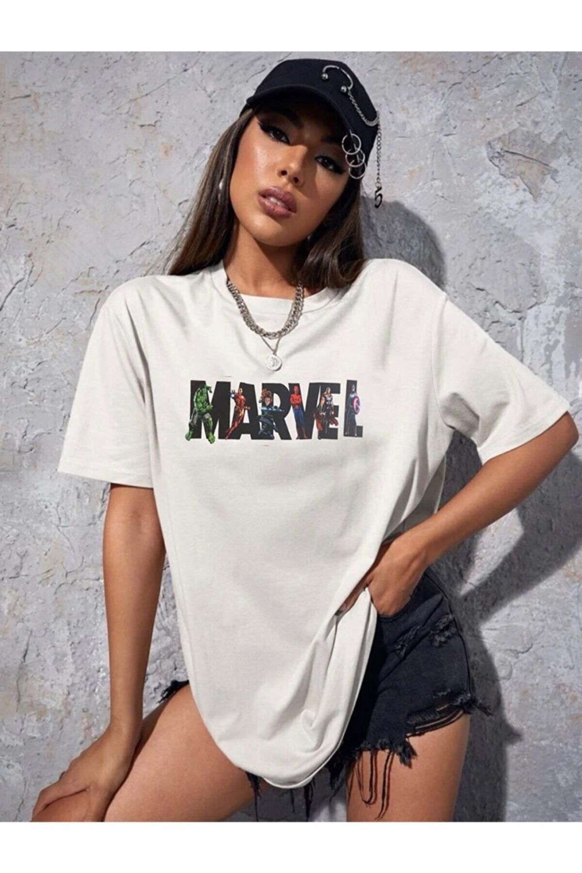 BENROMA Marvel Baskılı Oversize Beyaz T-shirt