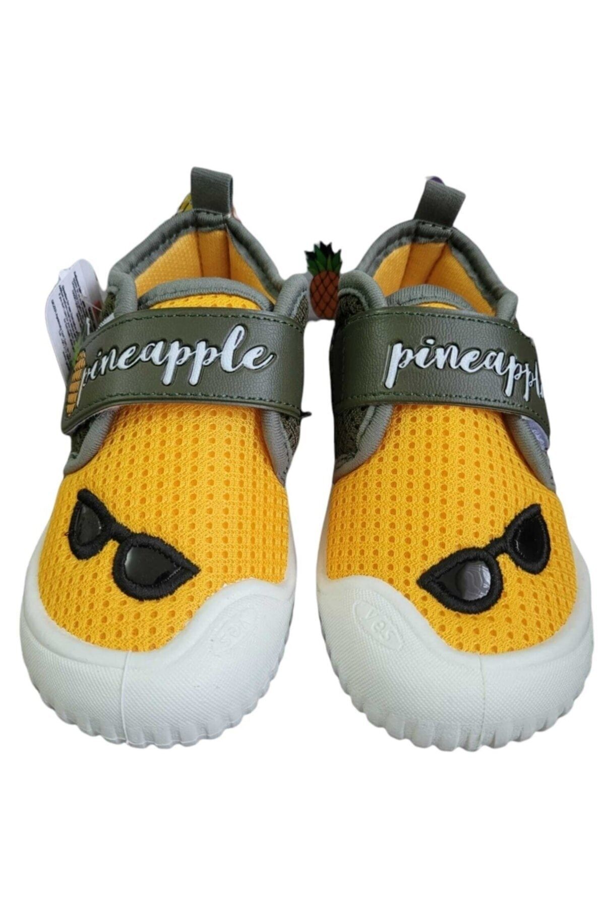Gezer Çocuk Ev Okul Kreş Yumuşak Keten Ayakkabı Panduf Ananas Model Kayma Yapmaz Taban Sarı Haki