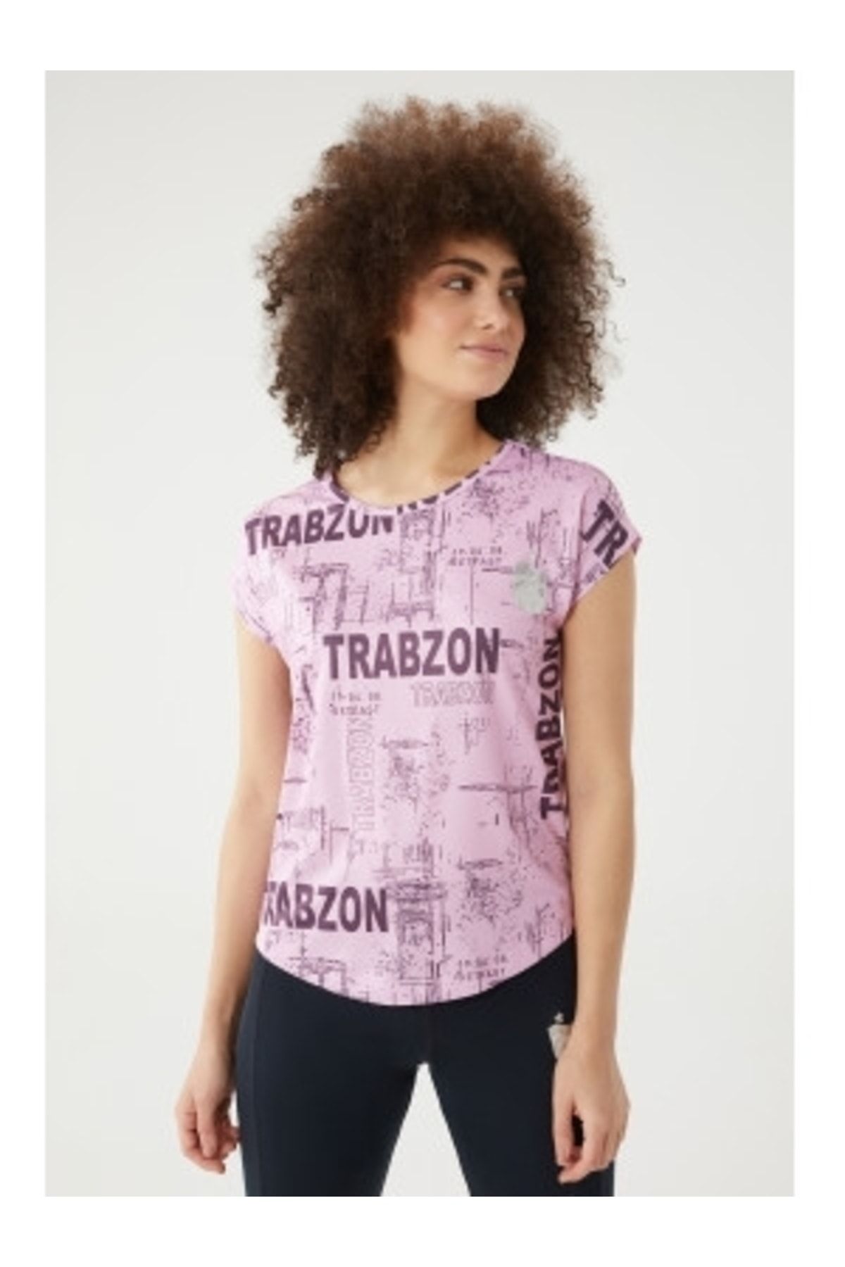 Trabzonspor Kadın Pudra Bisiklet Yaka Baskılı Delikli Tshirt