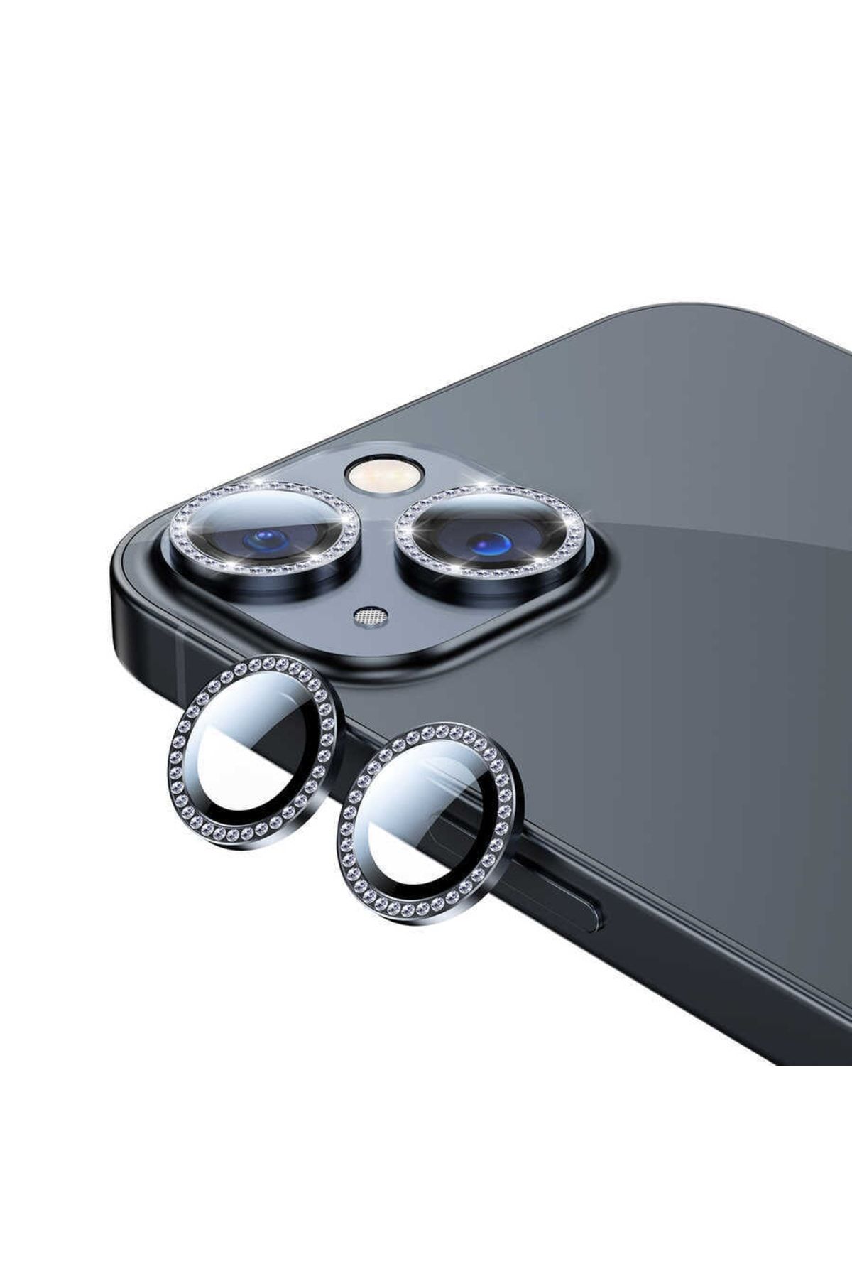 Vip Case Iphone 13 Ve 13 Mini Uyumlu Swarovski Taşlı Kamera Lens Koruma Koruyucu Koyu Gri