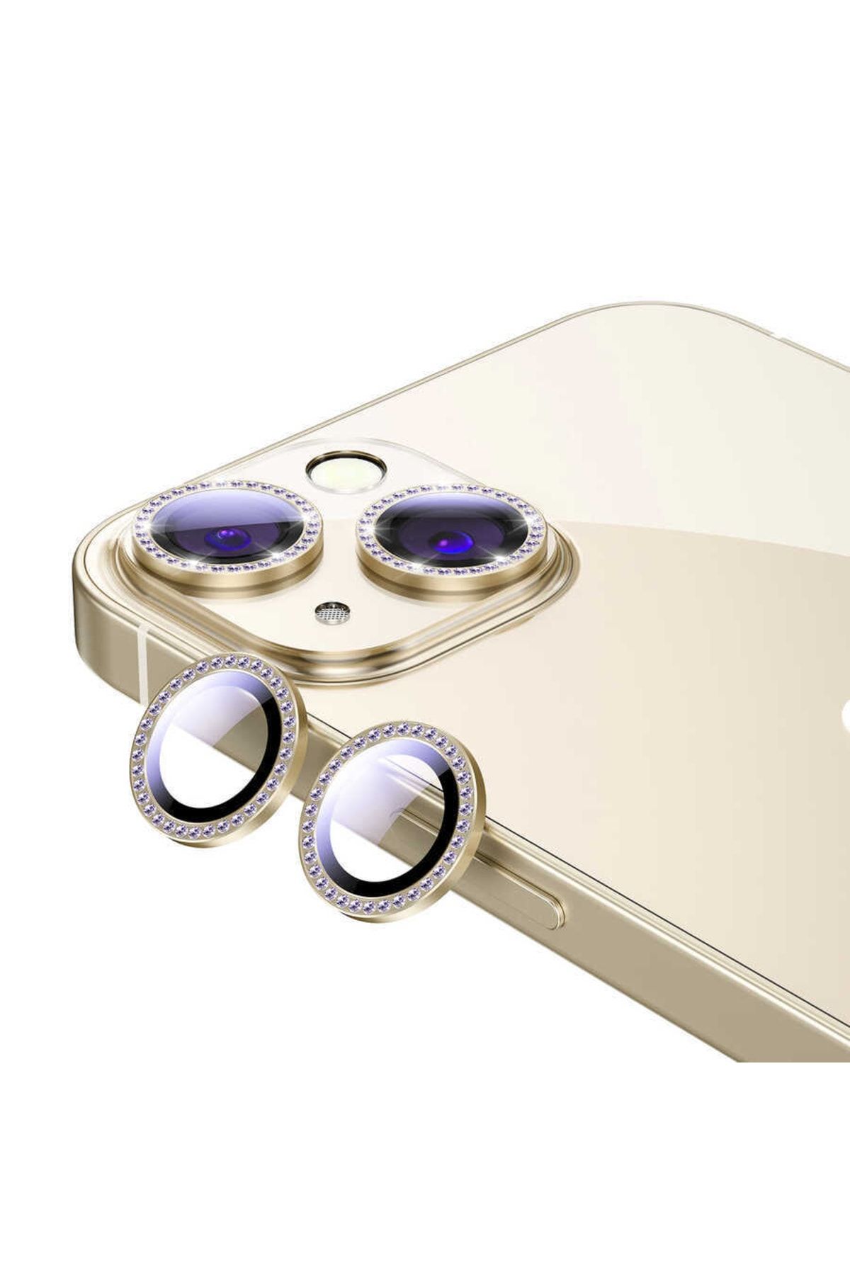 Vip Case Iphone 13 Ve 13 Mini Uyumlu Swarovski Taşlı Kamera Lens Koruma Koruyucu Gold