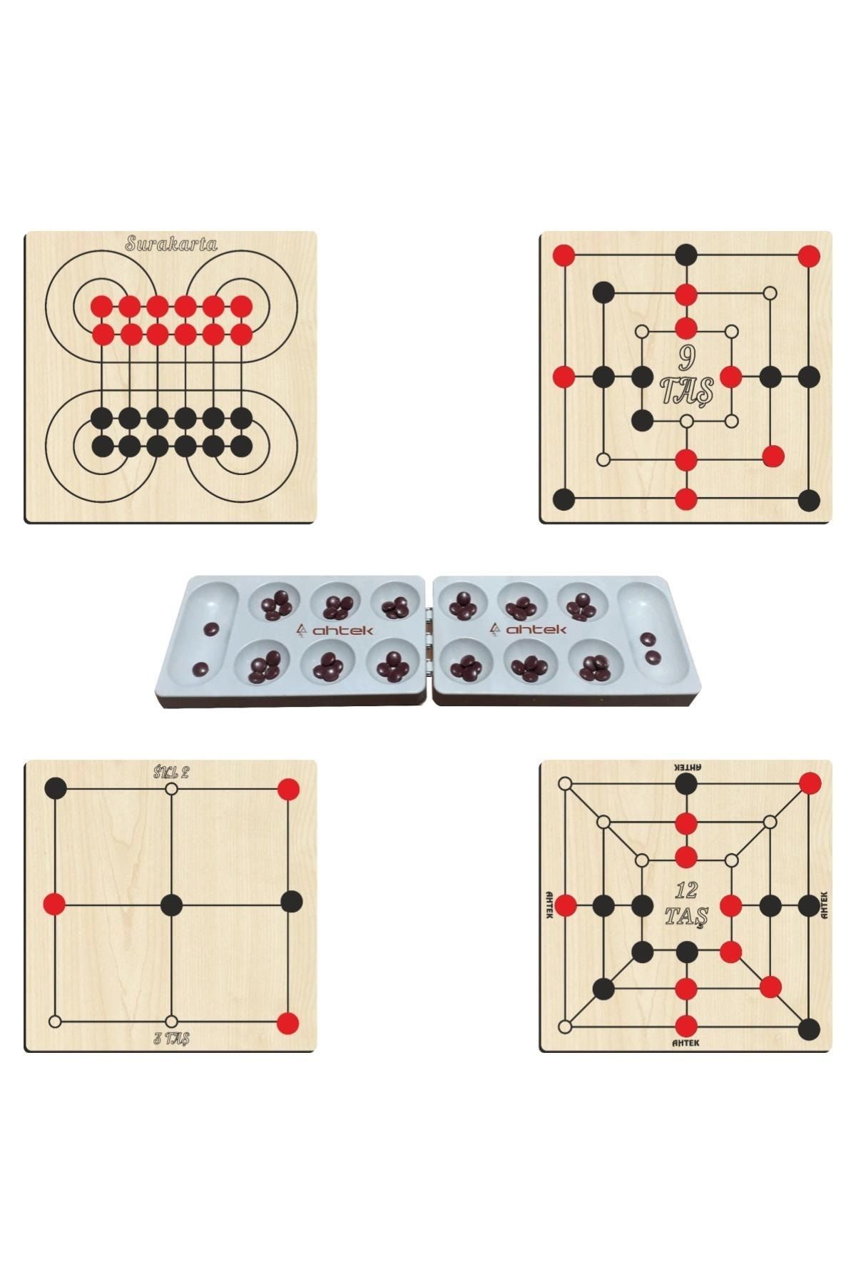 Ahtek Ahşap Zeka Ve Strateji Oyun Seti 5 Li, 3 Taş + 9 Taş + 12 Taş + Surakarta Ve Mangala
