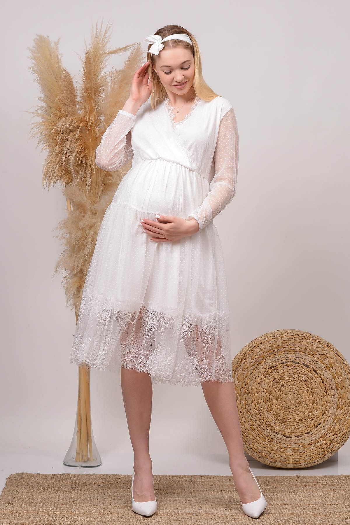 Genel Markalar Kadın Beli Lastikli Eteği Ve Yakası Dantel Detaylı Hamile Elbisesi Hml010