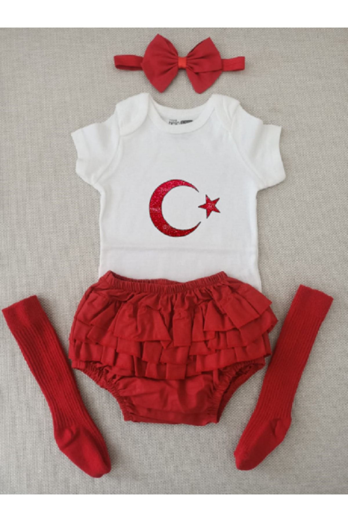 sun desing 23 Nisan Bebek Kıyafeti Ay Yıldız Takım Kırmızı Çorap