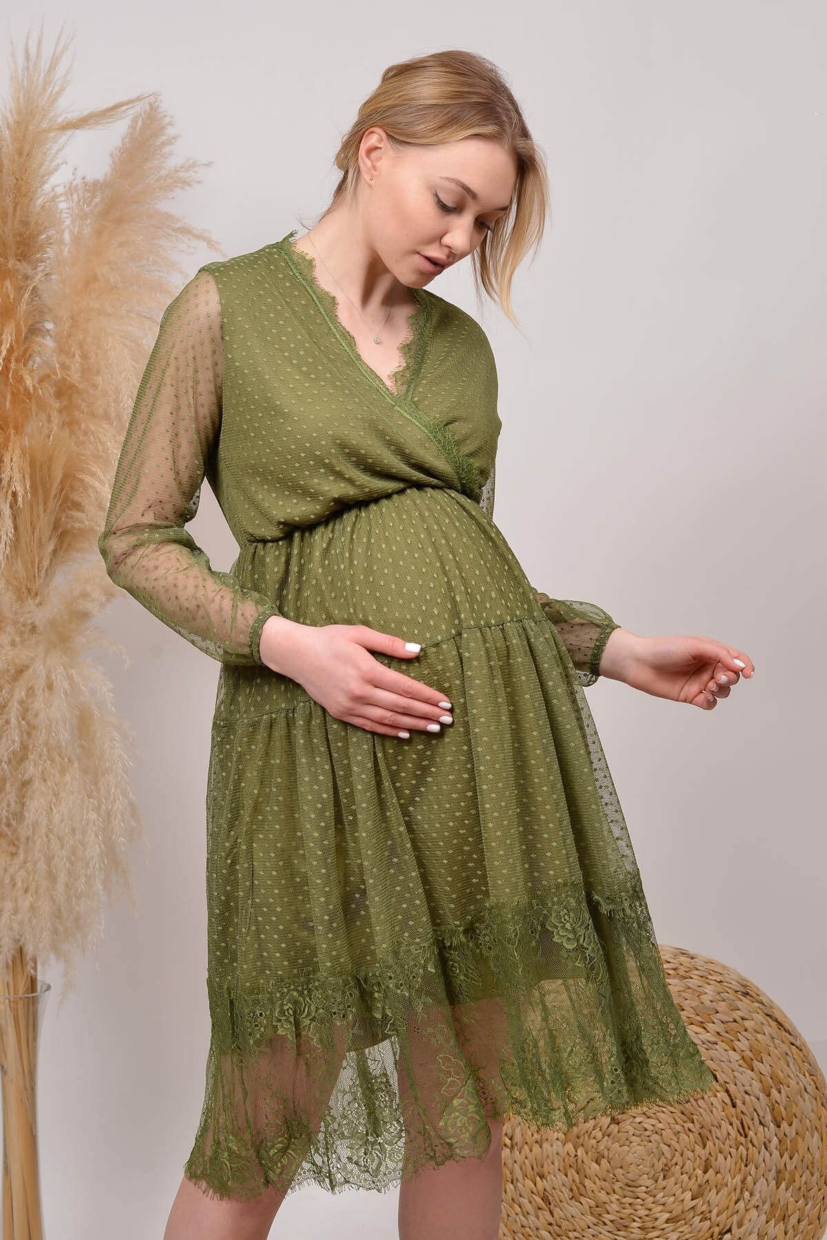 Genel Markalar Kadın Beli Lastikli Eteği Ve Yakası Dantel Detaylı Hamile Elbisesi Hml010