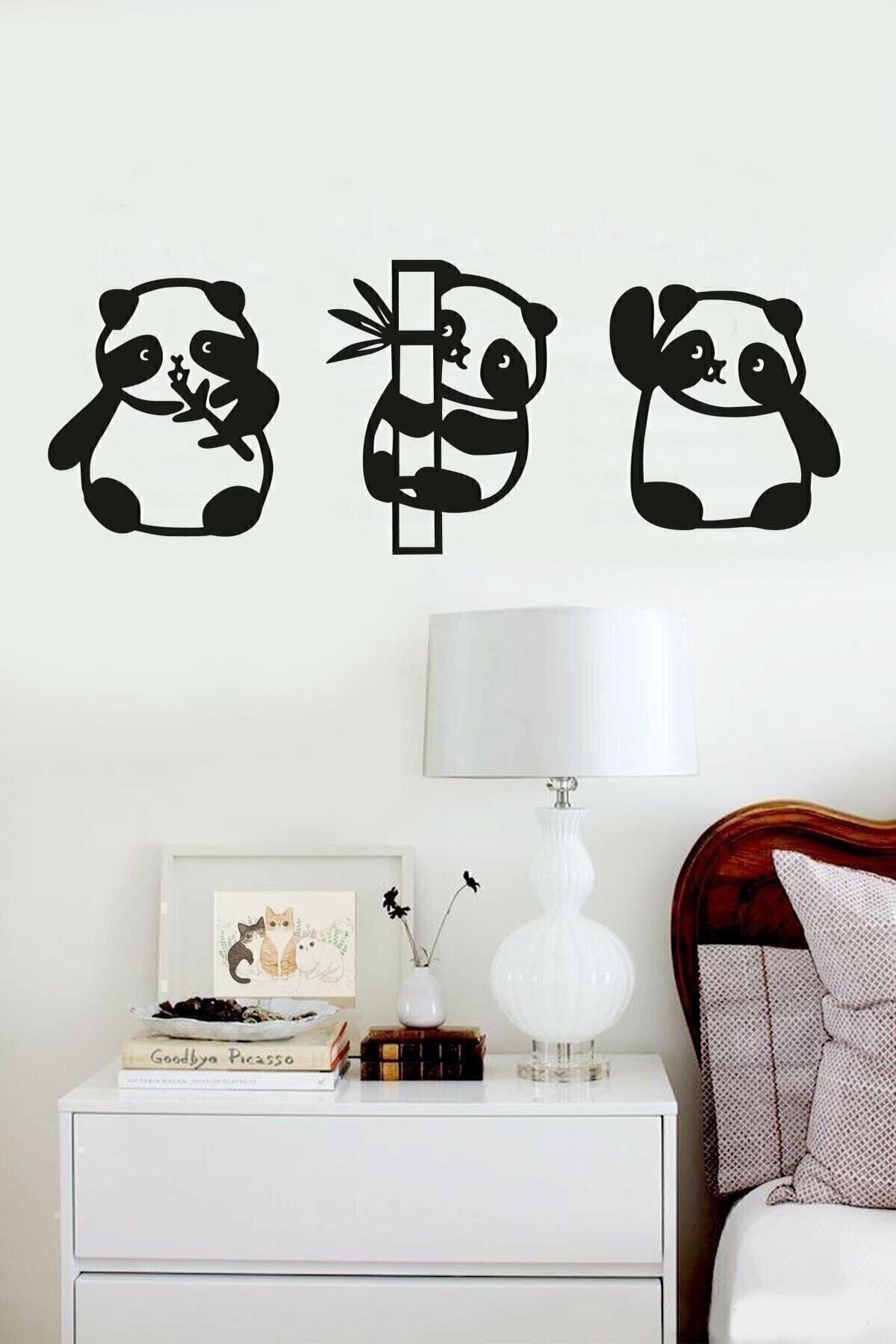 Gibella Panda 3 Parça Siyah Ahşap Lazer Kesim Duvar Dekorasyon Ürünü