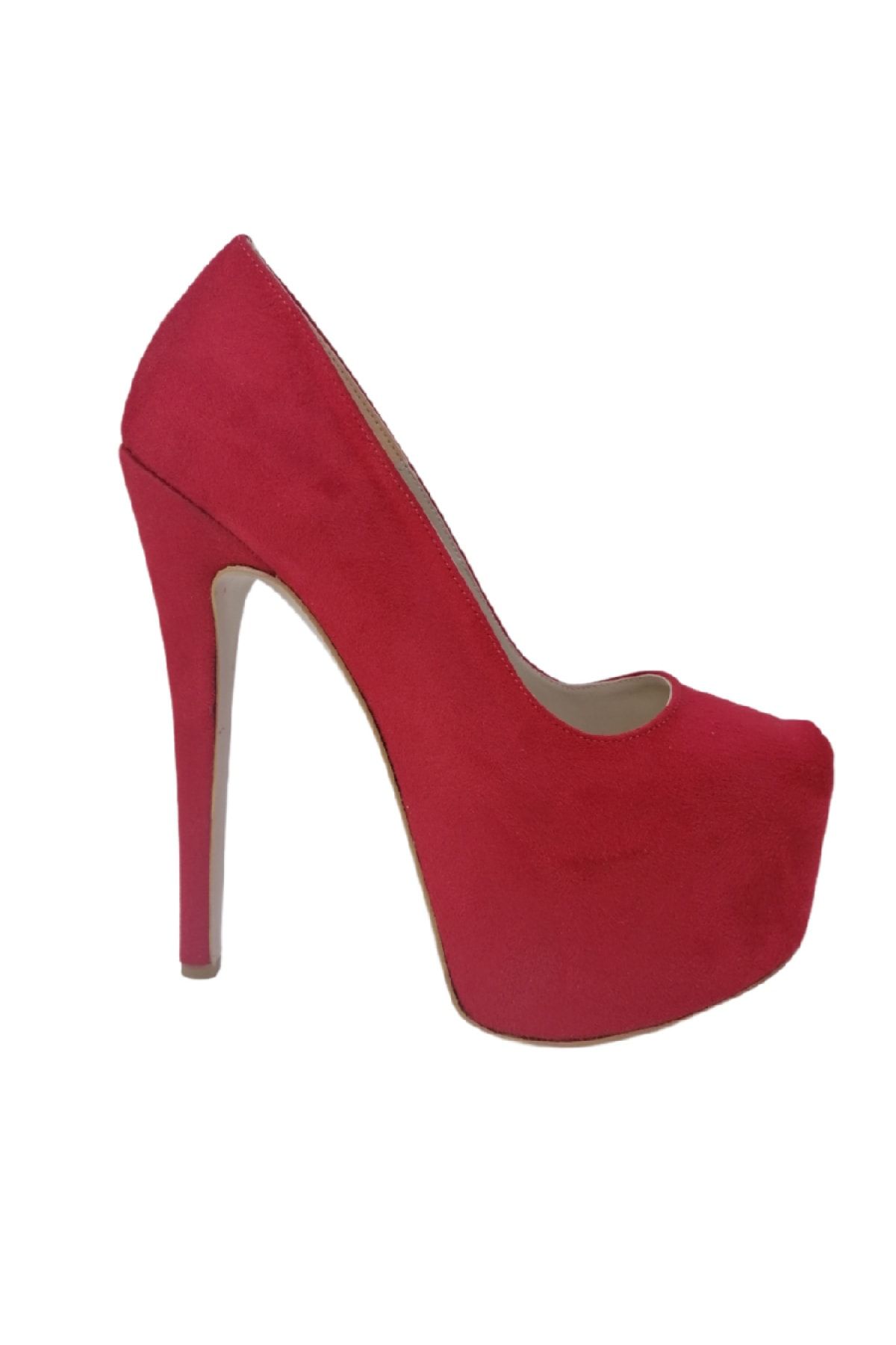 Meshure Kadın Kırmızı Süet Platform Topuklu Ayakkabı