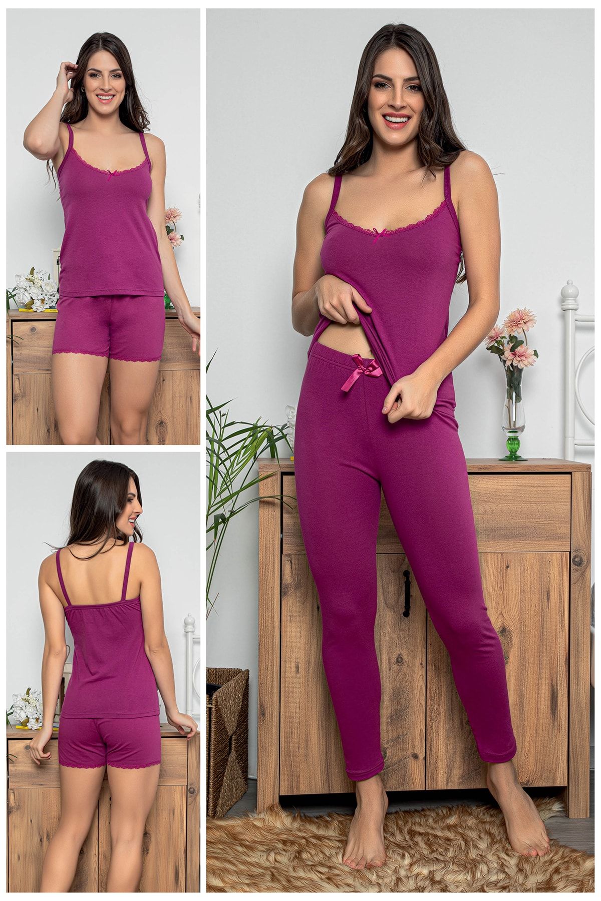 MyBen Kadın Mor Renkli Dantel Detaylı Şortlu Ve Taytlı Pijama Takımı 3'lü Set 75022