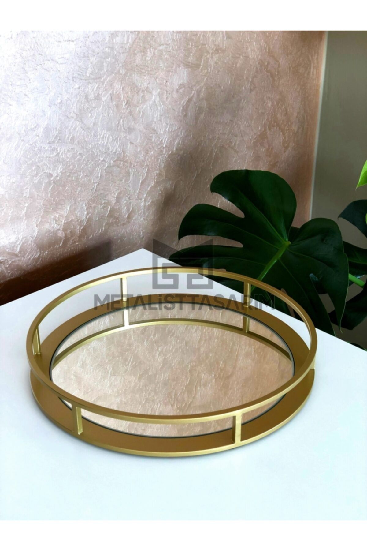 Metalist Tasarım Sefa Dekoratif Aynalı Tepsi Yuvarlak Mat Gold Renk 28cm Altın