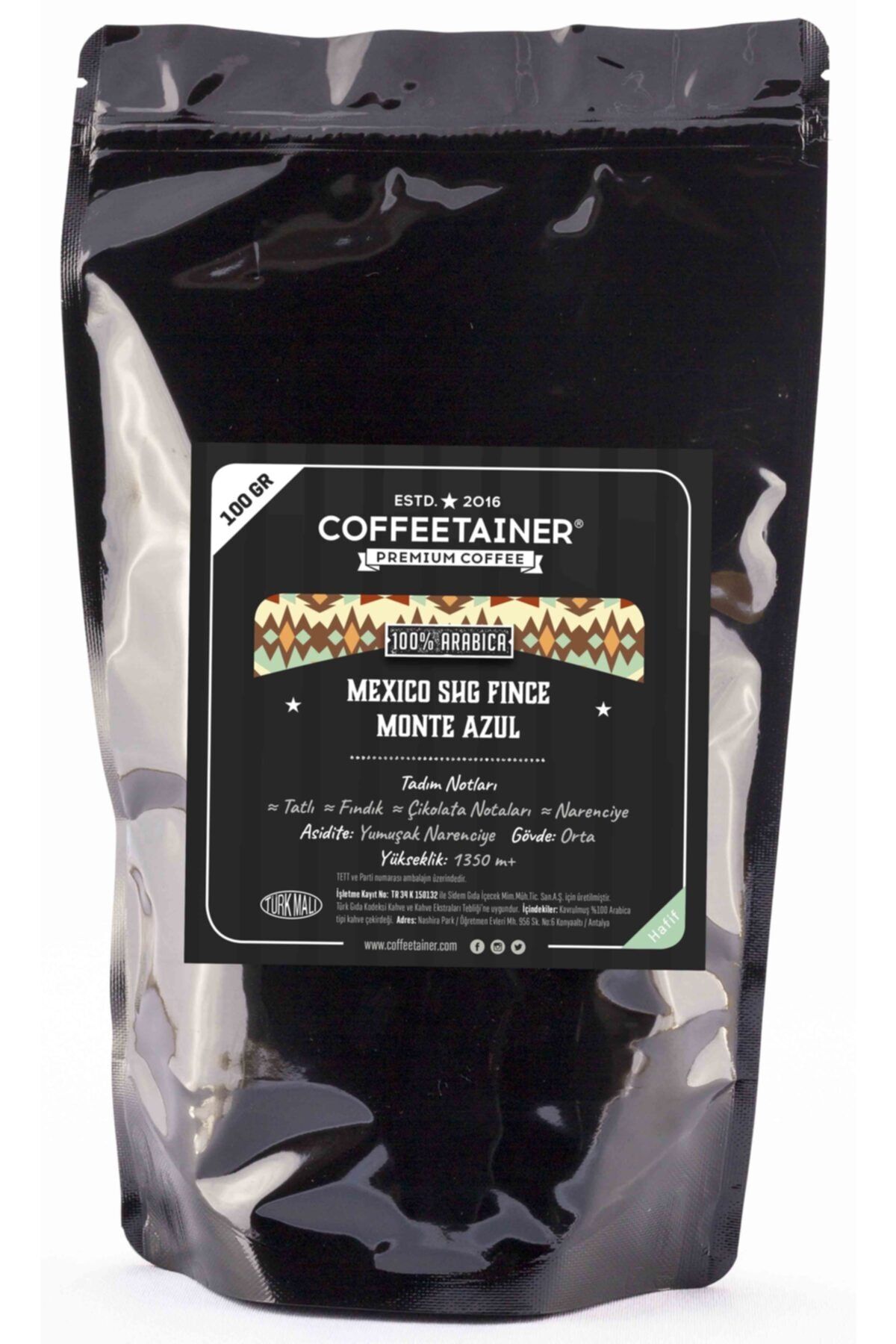 COFFEETAINER Meksika Monte Azul Çekirdek Kahve (%100 Arabica) 100 Gr