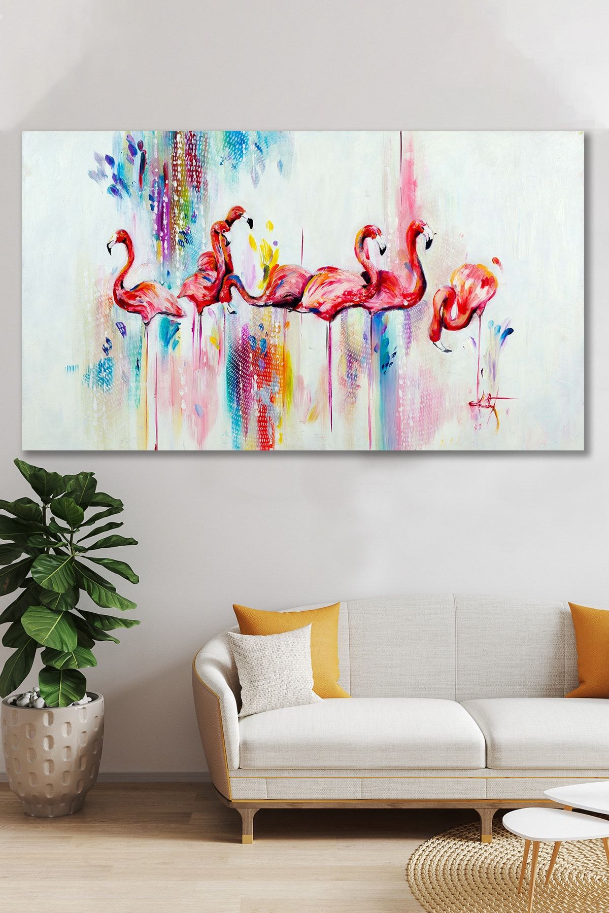 Hediyeler Kapında Yağlı Boya Görünümlü Flamingo Kanvas Tablo 70x100