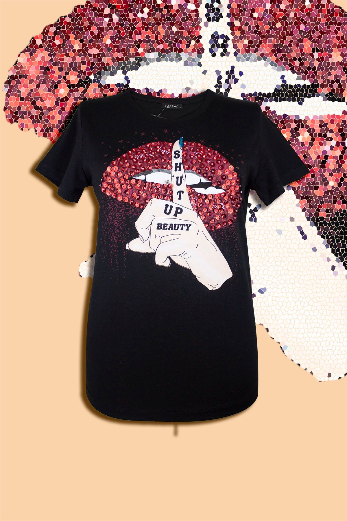 PARPALİ Kadın Siyah Shut Up Taşlı Baskılı Ince Detaylı Boncuk Ve Taş Işlemeli Pamuklu Örme T-shirt