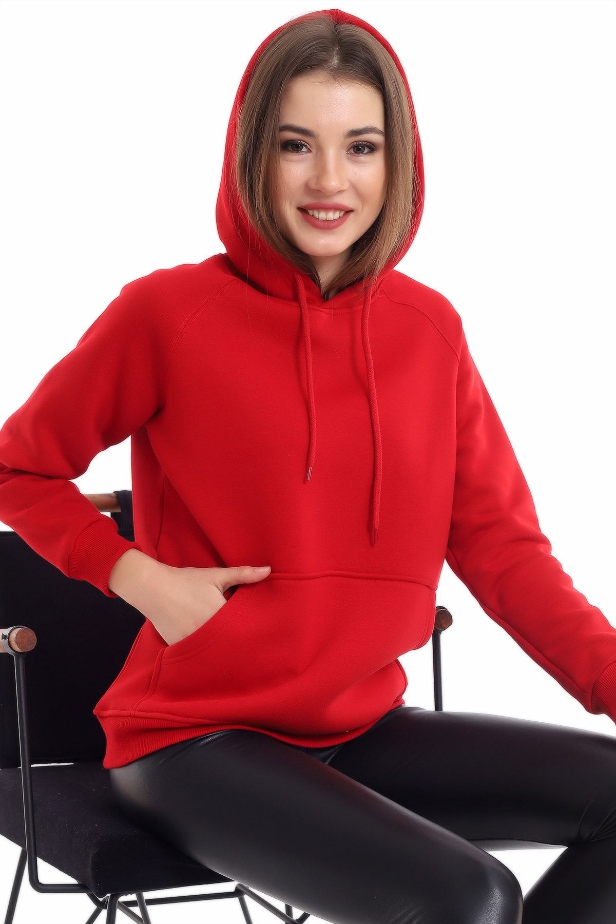 boffin Kadın Bordo Cep Detaylı İçi Pamuklu Sweatshirt