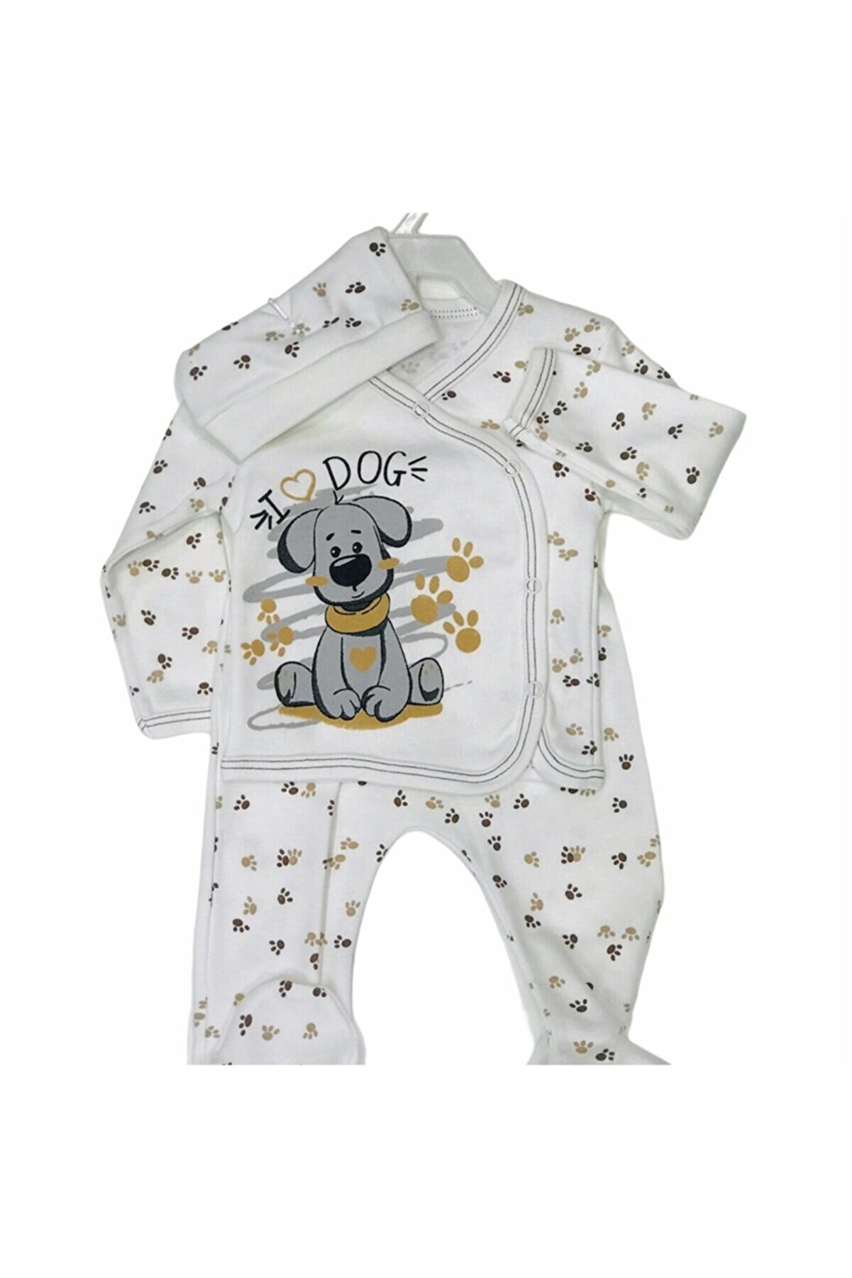 Ceylan Erkek Bebek Beyaz Hayvan Baskılı Şapkalı Pijama Takımı