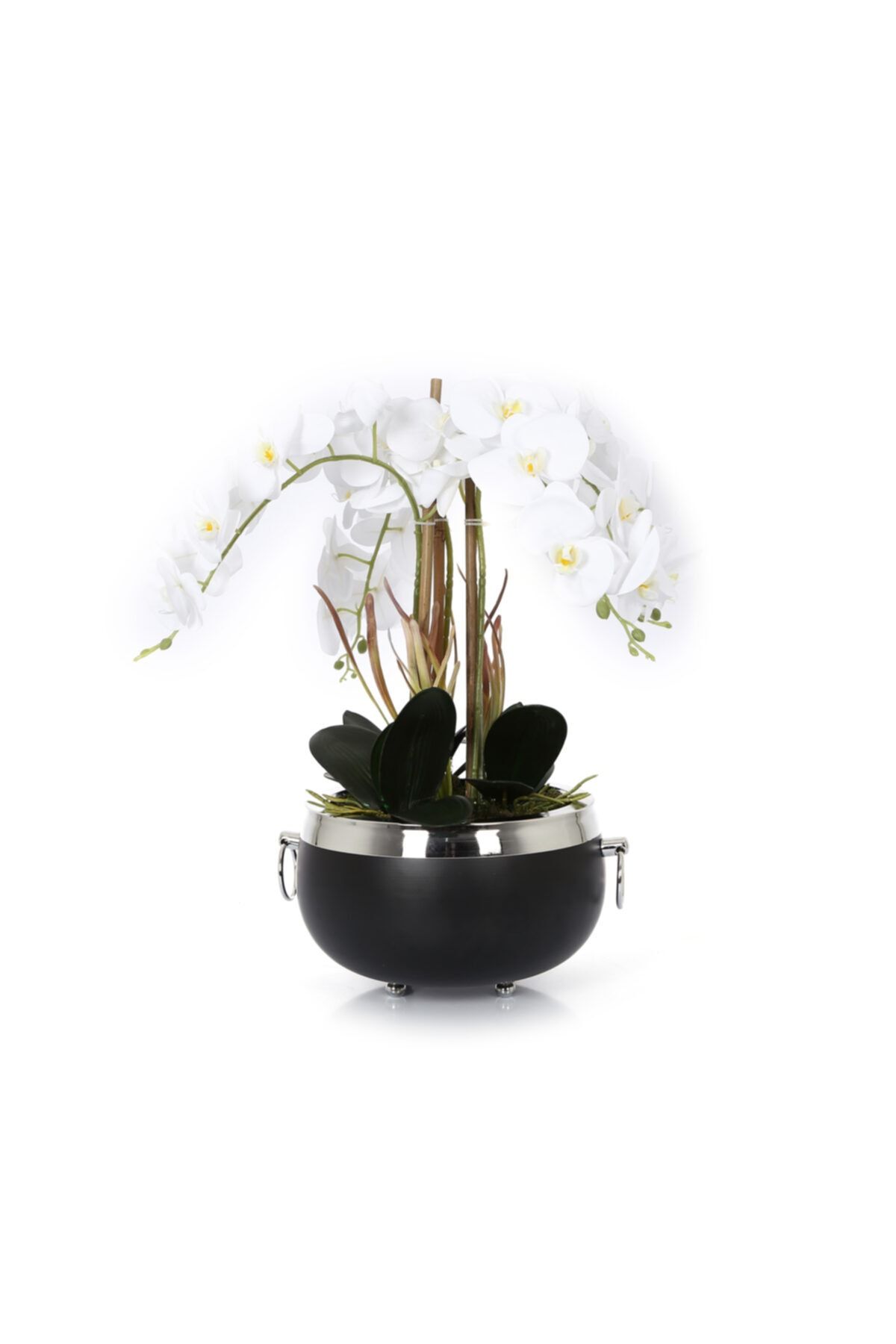 Yedi Home&Decor Kulplu Büyük Çanak Saksı Orkidelik Siyah Gümüş