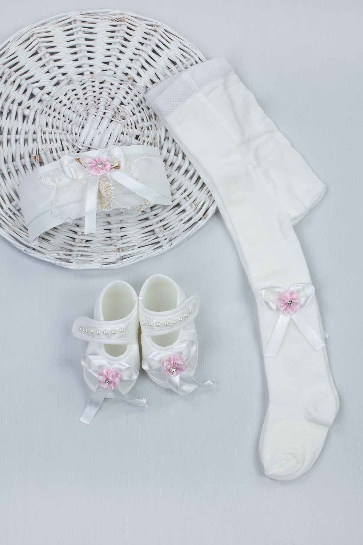 Modakids Kız Bebek Pembe 3 Lü Hediyelik Çorap Bandana Ayakkabı Set